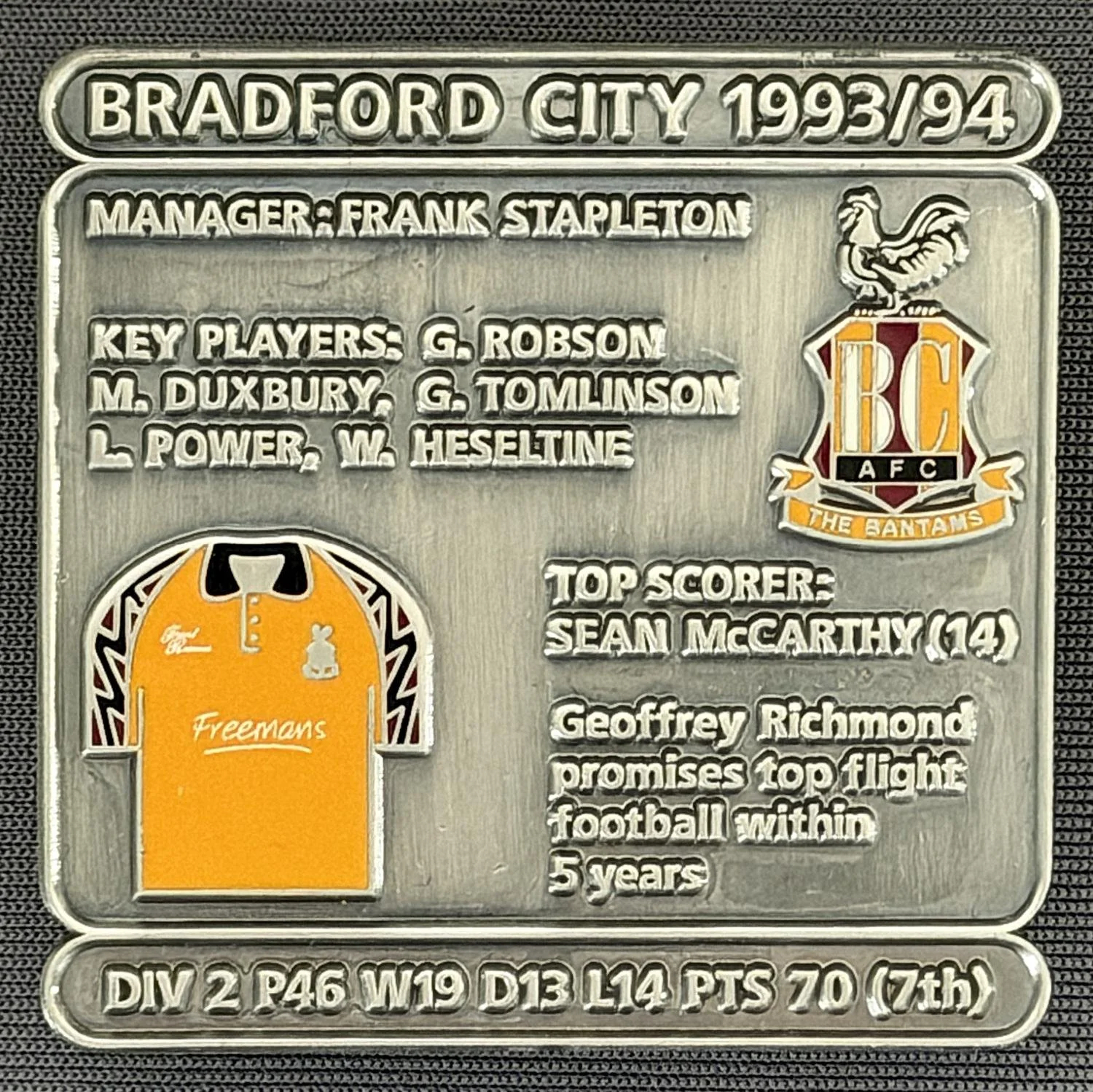 Reference Number: BCDEC190
Size: H 41.1 mm x W 42 mm
Pin Type: Double Metal Clutch
Plating: Antique Silver
Value: £8
Manufacturer: Historic Sports Badges Ltd
Comments: 1993/94 Season