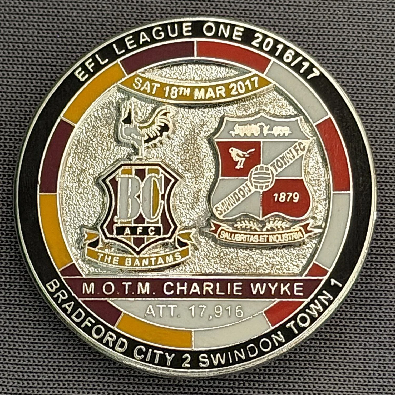 Reference Number: BCFIX411
Size: D 29.4 mm
Pin Type: Brooch Pin
Plating: Nickel
Value: £10
Manufacturer: Bradford City Badges
Comments: Bradford City v Swindon Town 2016/17, Limited Edition of 10 Badges (Nickel Version)
