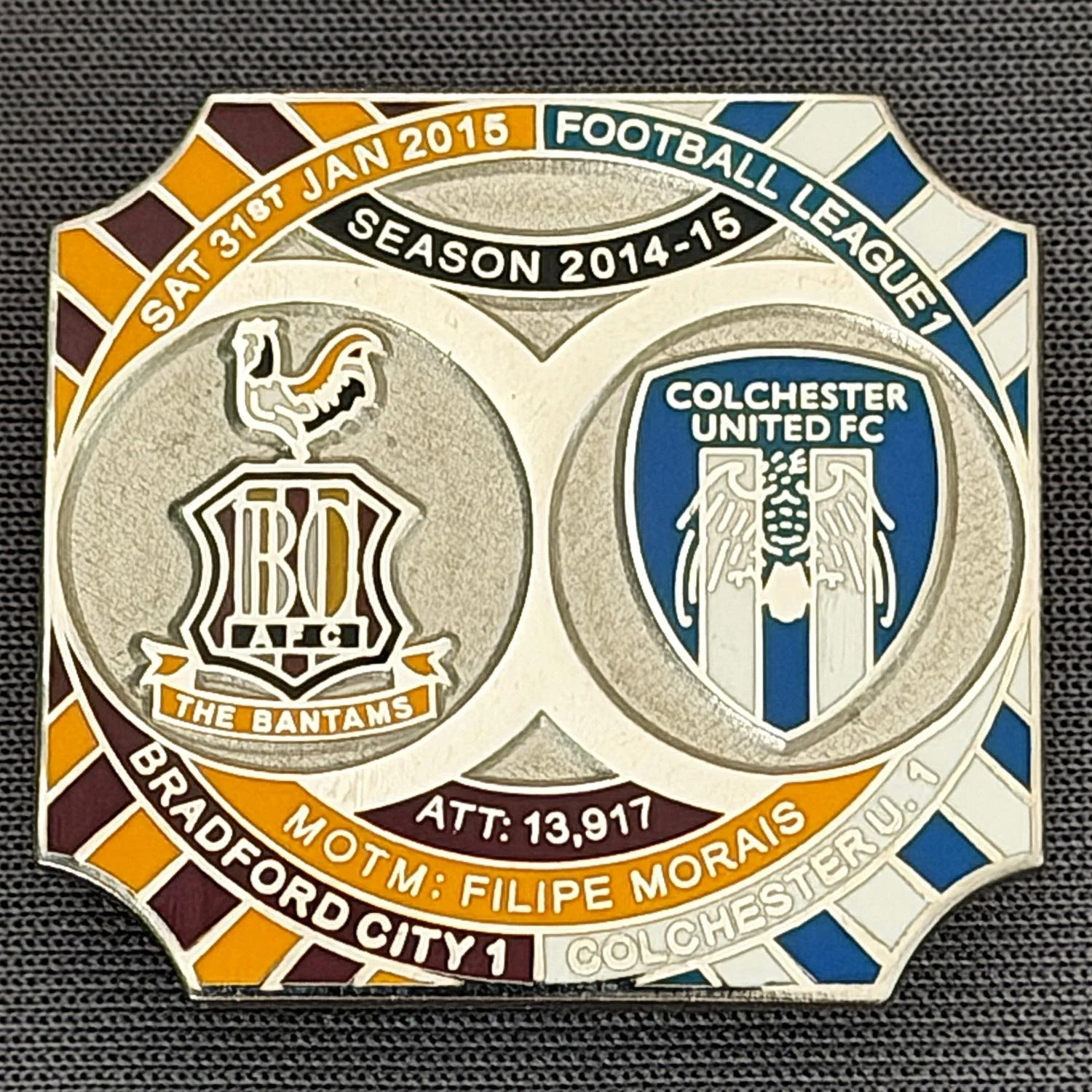Reference Number: BCFIX290
Size: H 26.8 mm x W 28.8 mm
Pin Type: Brooch Pin
Plating: Nickel
Value: £8
Manufacturer: Bradford City Badges
Comments: Bradford City v Colchester United 2014/15, Limited Edition of 10 Badges (Nickel Version)