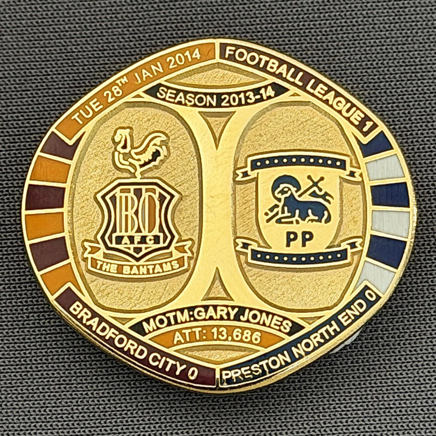 Reference Number: BCFIX198
Size: H 26.3 mm x W 28.9 mm
Pin Type: Brooch Pin
Plating: Gold
Value: £8
Manufacturer: Bradford City Badges
Comments: Bradford City v Preston North End  2013/14 Limited Edition 55 Badges