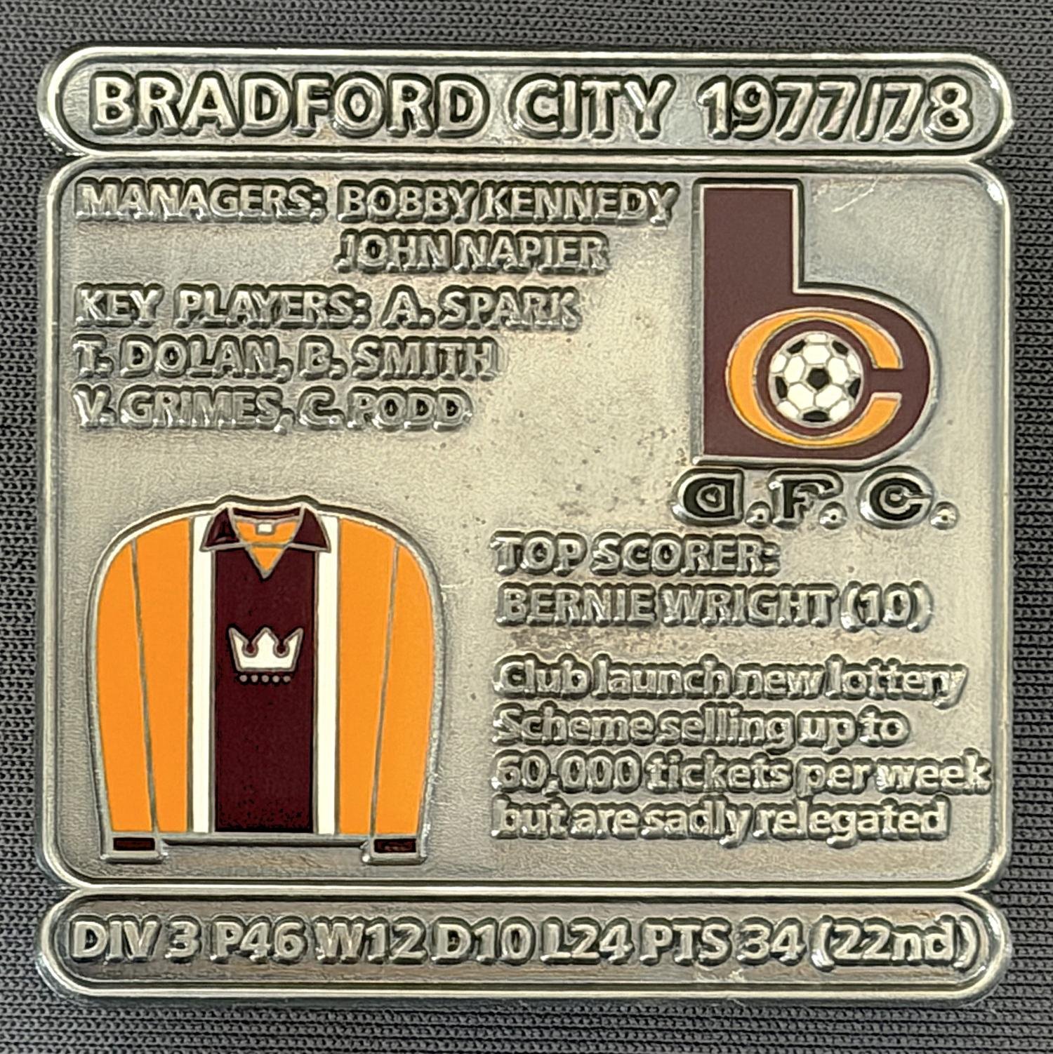 Reference Number: BCDEC154
Size: H 41.1 mm x W 42 mm
Pin Type: Double Metal Clutch
Plating: Antique Silver
Value: £8
Manufacturer: Historic Sports Badges Ltd
Comments: 1977/78 Season