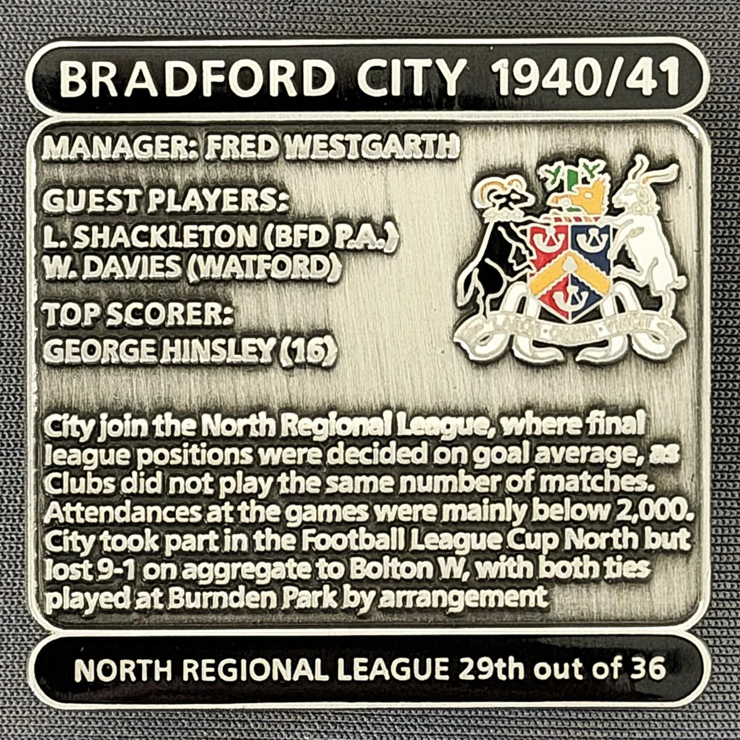 Reference Number: BCDEC087
Size: H 41.1 mm x W 42 mm
Pin Type: Double Metal Clutch
Plating: Antique Silver
Value: £8
Manufacturer: Historic Sports Badges Ltd
Comments: 1940/41 Season. World War 2.