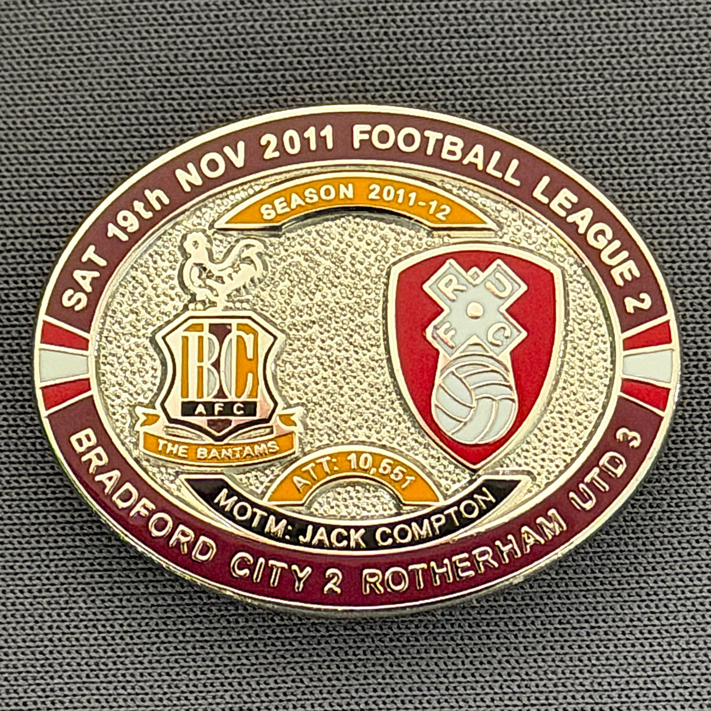 Reference Number: BCFIX101
Size: H 23.6 mm x W 28.7 mm
Pin Type: Brooch Pin
Plating: Silver
Value: £10
Manufacturer: Bradford City Badges
Comments: Bradford City v Rotherham United  2011/12 Limited Edition 20 Badges (Silver Version)