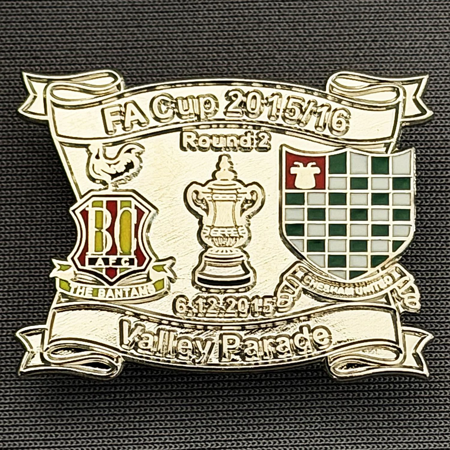 Reference Number: BCFAC149
Size: H 24.5 mm x W 32.5 mm
Pin Type: Metal Clutch
Plating: Silver
Value: £4
Manufacturer: Dan Lloyd
Comments: F.A. Cup Second Round 2015/16 v Chesham United, Silver Version