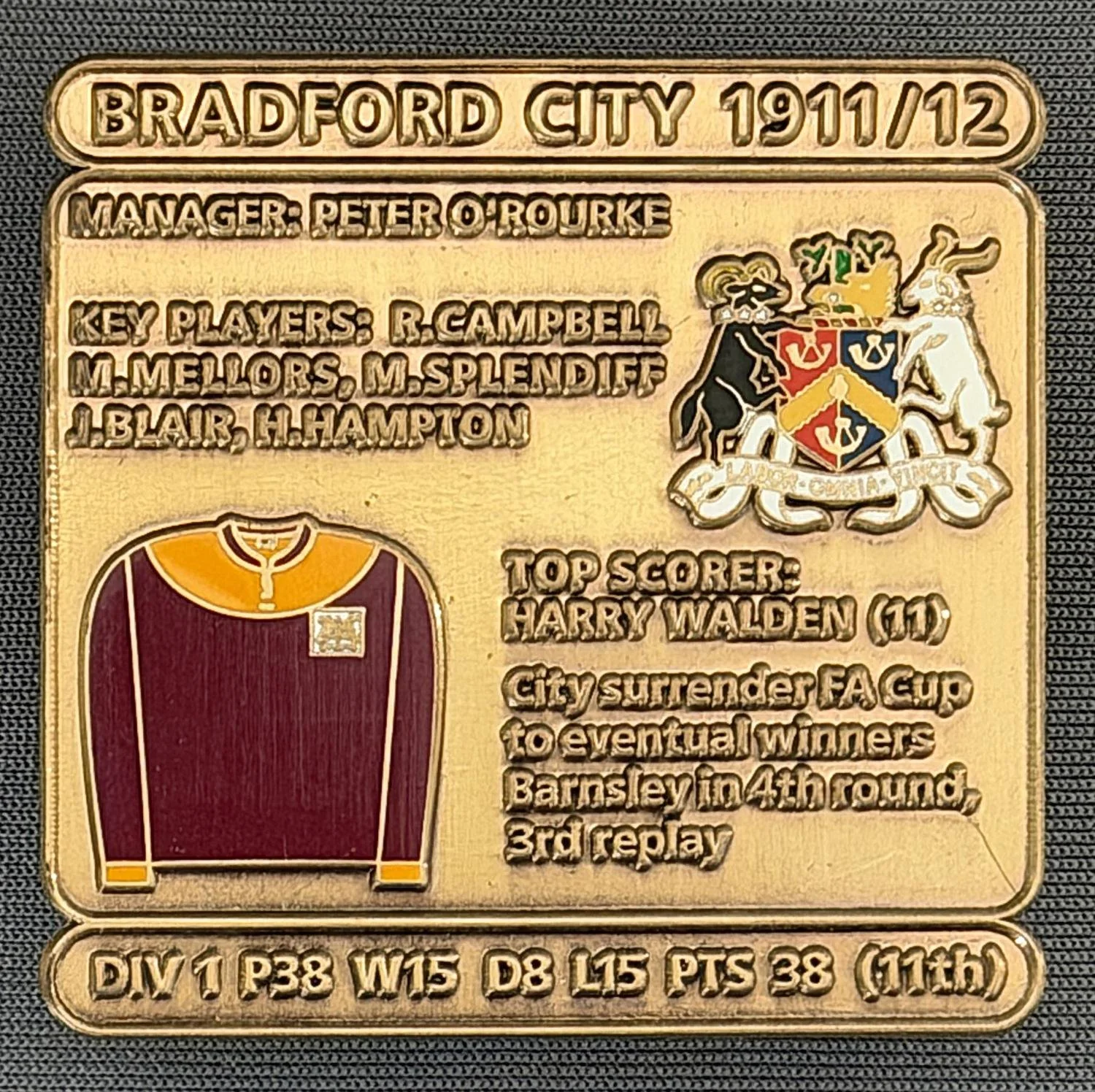 Reference Number: BCDEC018
Size: H 41.1 mm x W 42 mm
Pin Type: Double Metal Clutch
Plating: Antique Gold
Value: £8
Manufacturer: Historic Sports Badges Ltd
Comments: 1911/12 Season