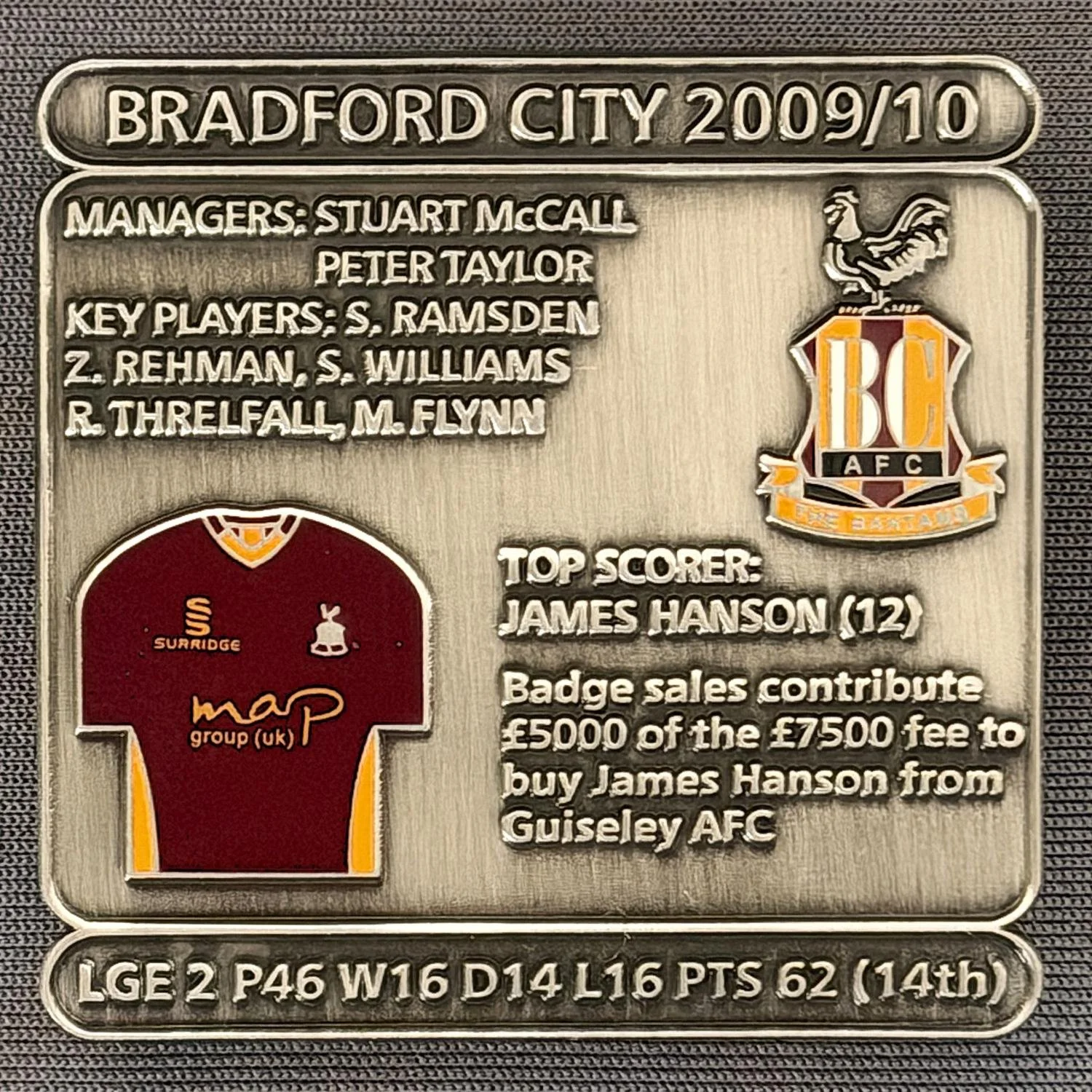 Reference Number: BCDEC216
Size: H 41.1 mm x W 42 mm
Pin Type: Double Metal Clutch
Plating: Antique Silver
Value: £8
Manufacturer: Historic Sports Badges Ltd
Comments: 2009/10 Season