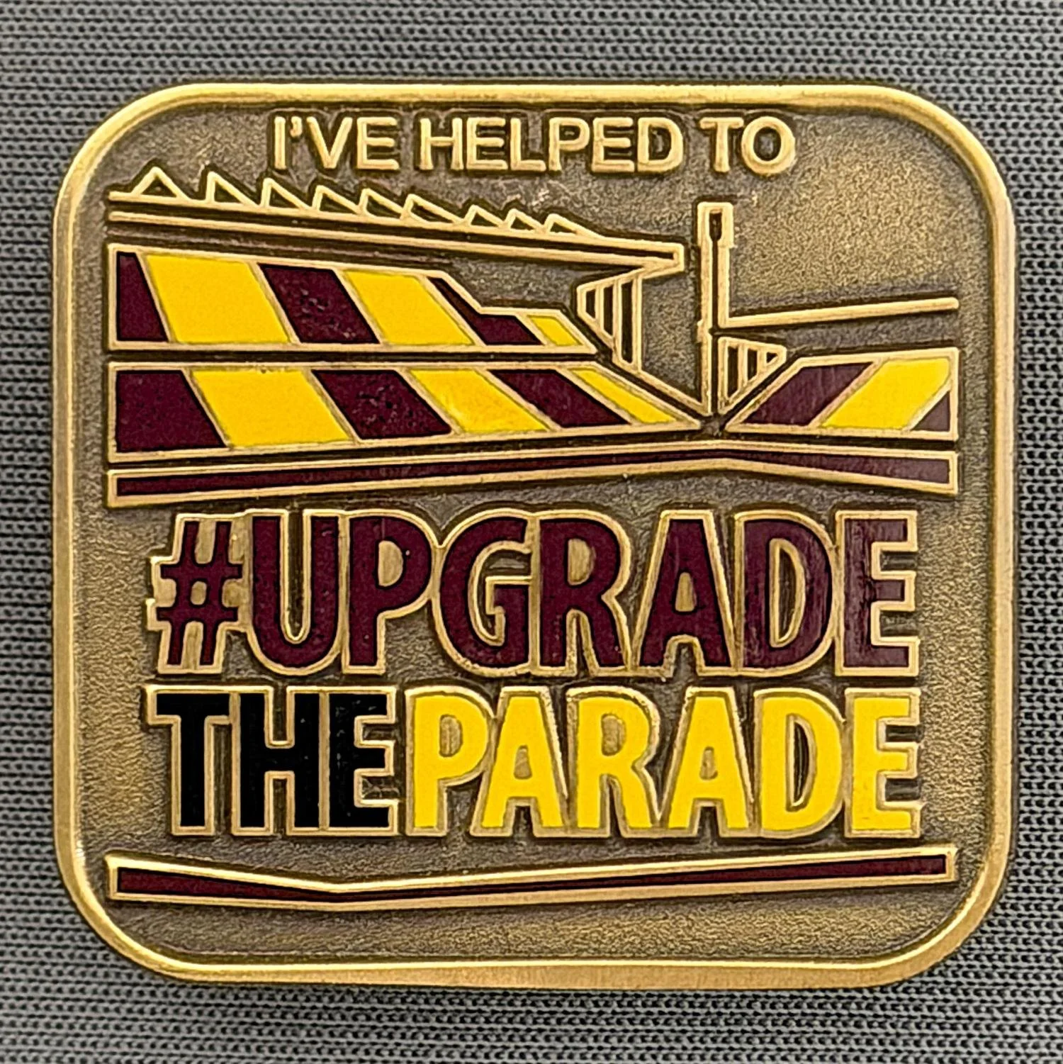 Reference Number: BCEVE076
Size: H 30.4 mm x W 32.3 mm
Pin Type: Metal Clutch
Plating: Antique Gold
Value: £8
Manufacturer: Bradford City Badges
Comments: Appeal to Upgrade Valley Parade. Boxed Set Limited Edition of 100