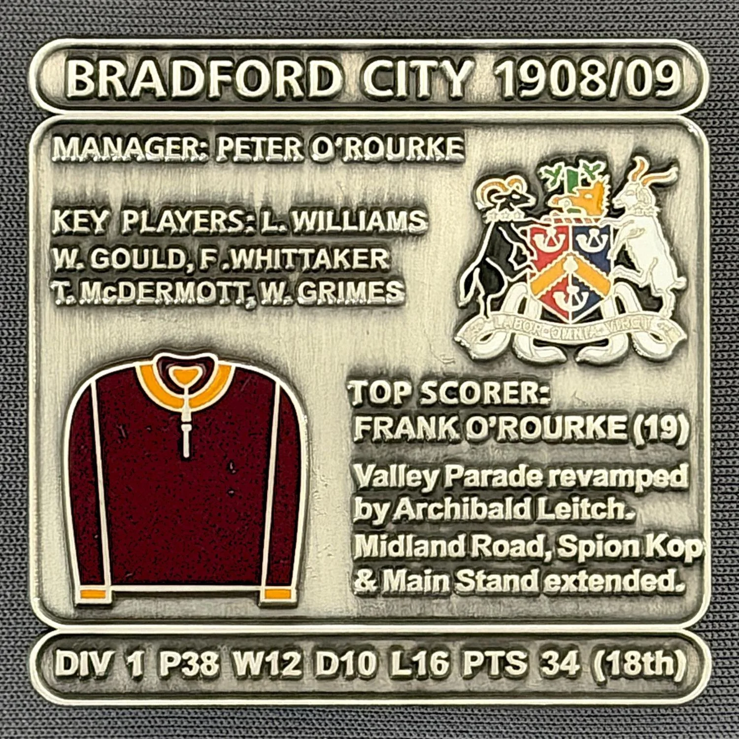 Reference Number: BCDEC015
Size: H 41.1 mm x W 42 mm
Pin Type: Double Metal Clutch
Plating: Antique Silver
Value: £8
Manufacturer: Historic Sports Badges Ltd
Comments: 1908/09 Season