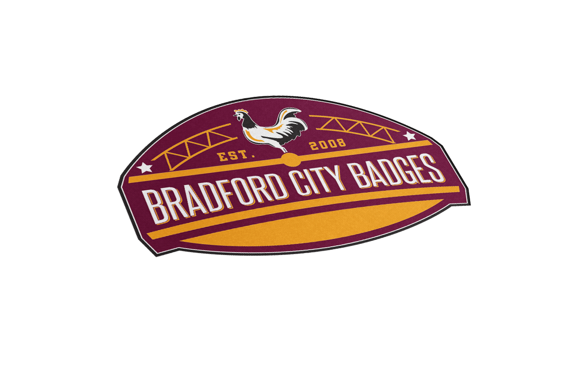 A badge for Bradford City Badges, established in 2008, featuring a rooster and a bridge in maroon, yellow, and white colors.