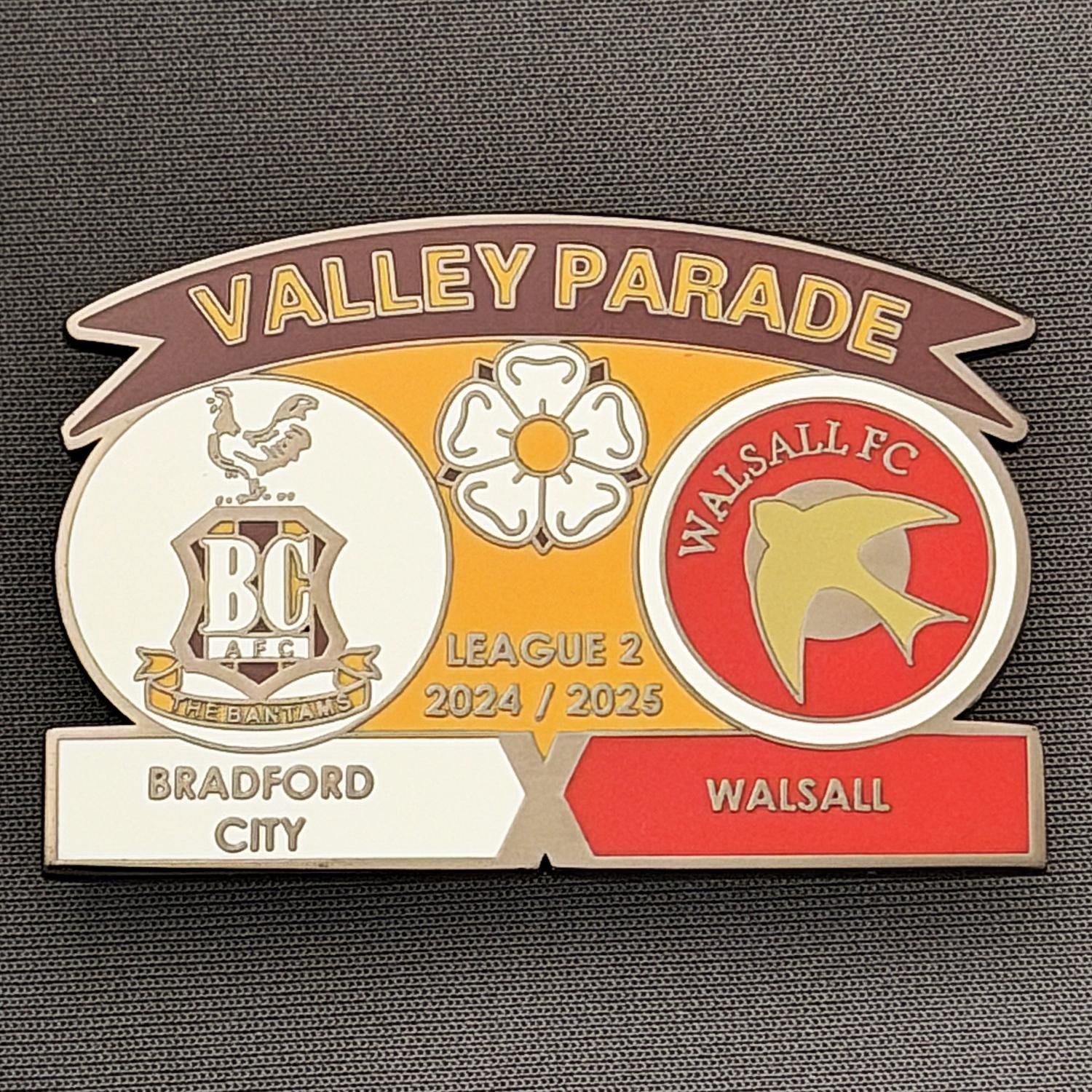 A promotional graphic for the Valley Parade football match between Bradford City AFC and Walsall FC, League 2, 2024/2025 season, featuring their logos and team names.