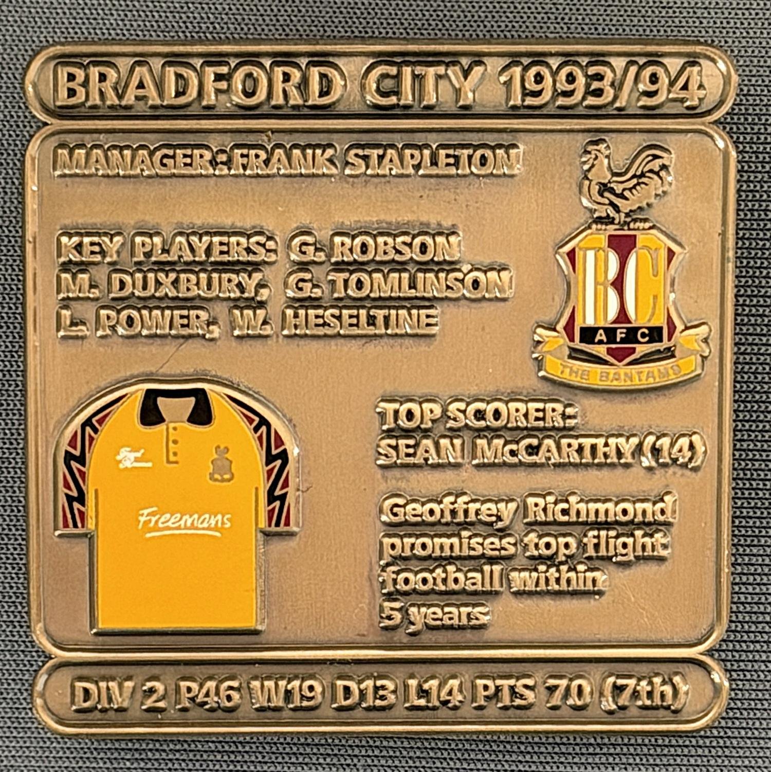 Reference Number: BCDEC180
Size: H 41.1 mm x W 42 mm
Pin Type: Double Metal Clutch
Plating: Antique Gold
Value: £8
Manufacturer: Historic Sports Badges Ltd
Comments: 1993/94 Season