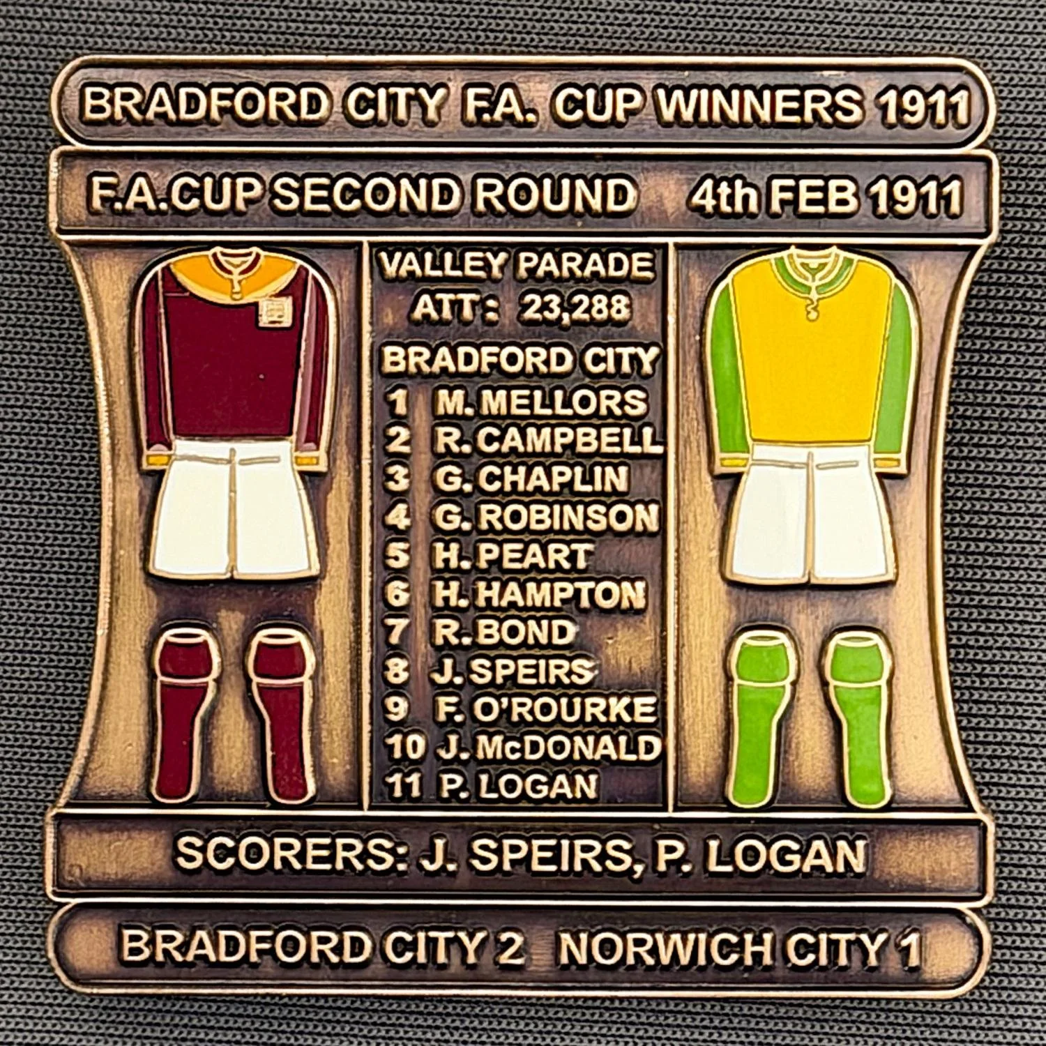 Reference Number: BCFAC011
Size: H 41.8 mm x W 42.2 mm
Pin Type: Double Metal Clutch
Plating: Antique Gold
Value: £15
Manufacturer: Bradford City Badges
Comments: 1911 F.A. Cup Second Round v Norwich City, Limited Edition of 1