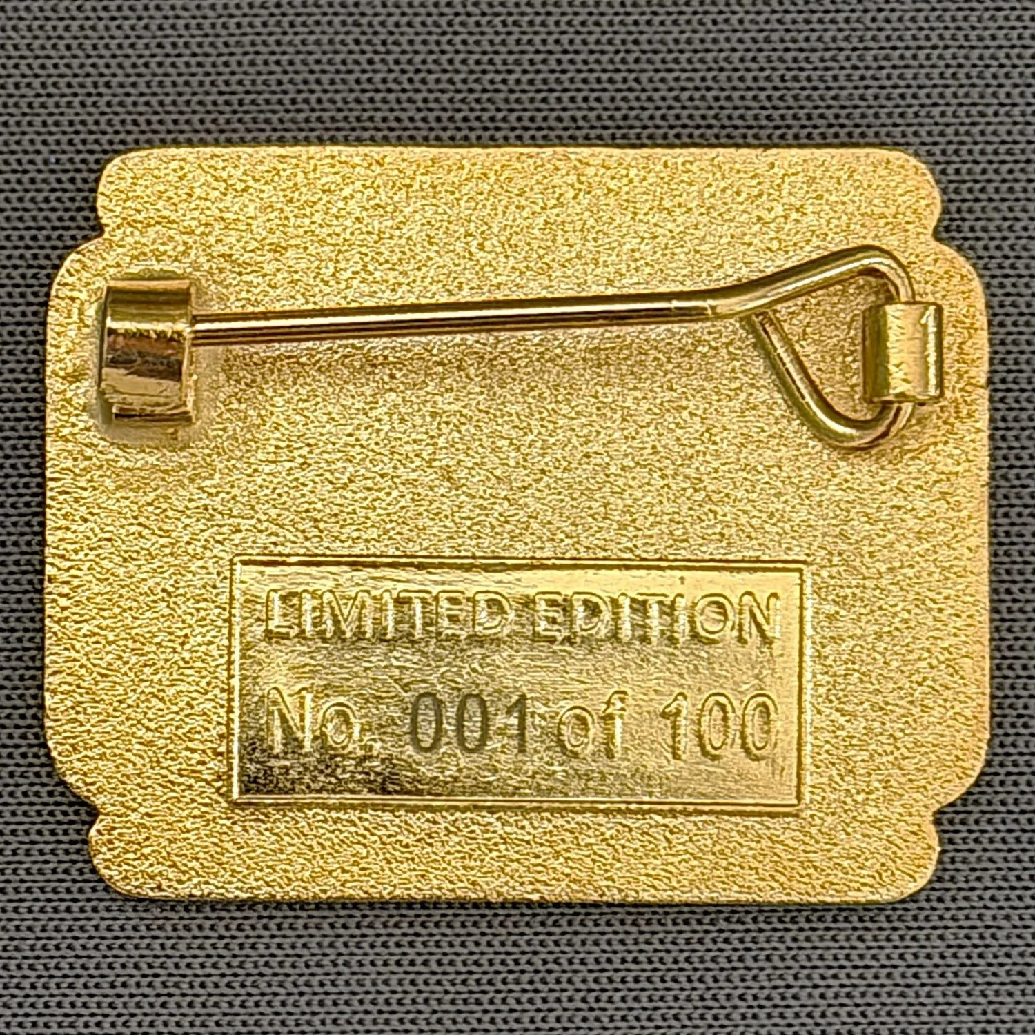 Close-up of a gold-colored, metallic badge with a safety pin on the back, placed on a textured dark background.