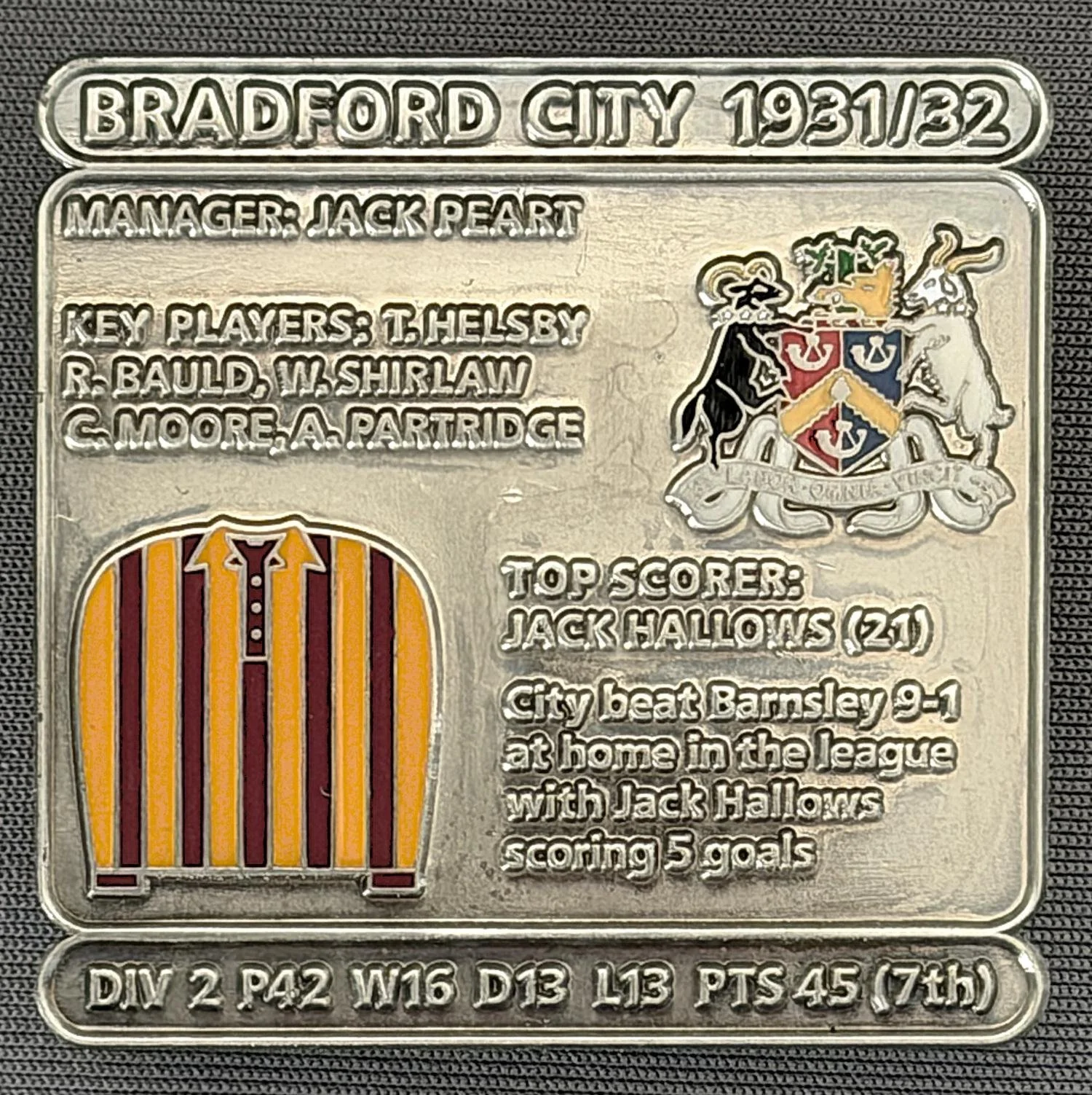 Reference Number: BCDEC068
Size: H 41.1 mm x W 42 mm
Pin Type: Double Metal Clutch
Plating: Antique Silver
Value: £8
Manufacturer: Historic Sports Badges Ltd
Comments: 1931/32 Season