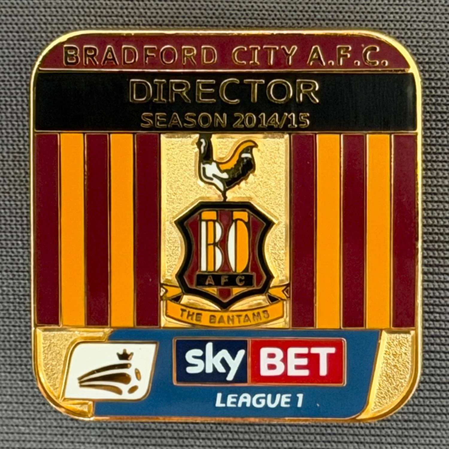 Reference Number: BCDIR005
Size: H 28.8 mm x W 28.5 mm
Pin Type: Brooch Pin
Plating: Gold
Value: £50
Manufacturer: Bradford City Badges
Comments: Worn by Owners Mark Lawn & Julian Rhodes