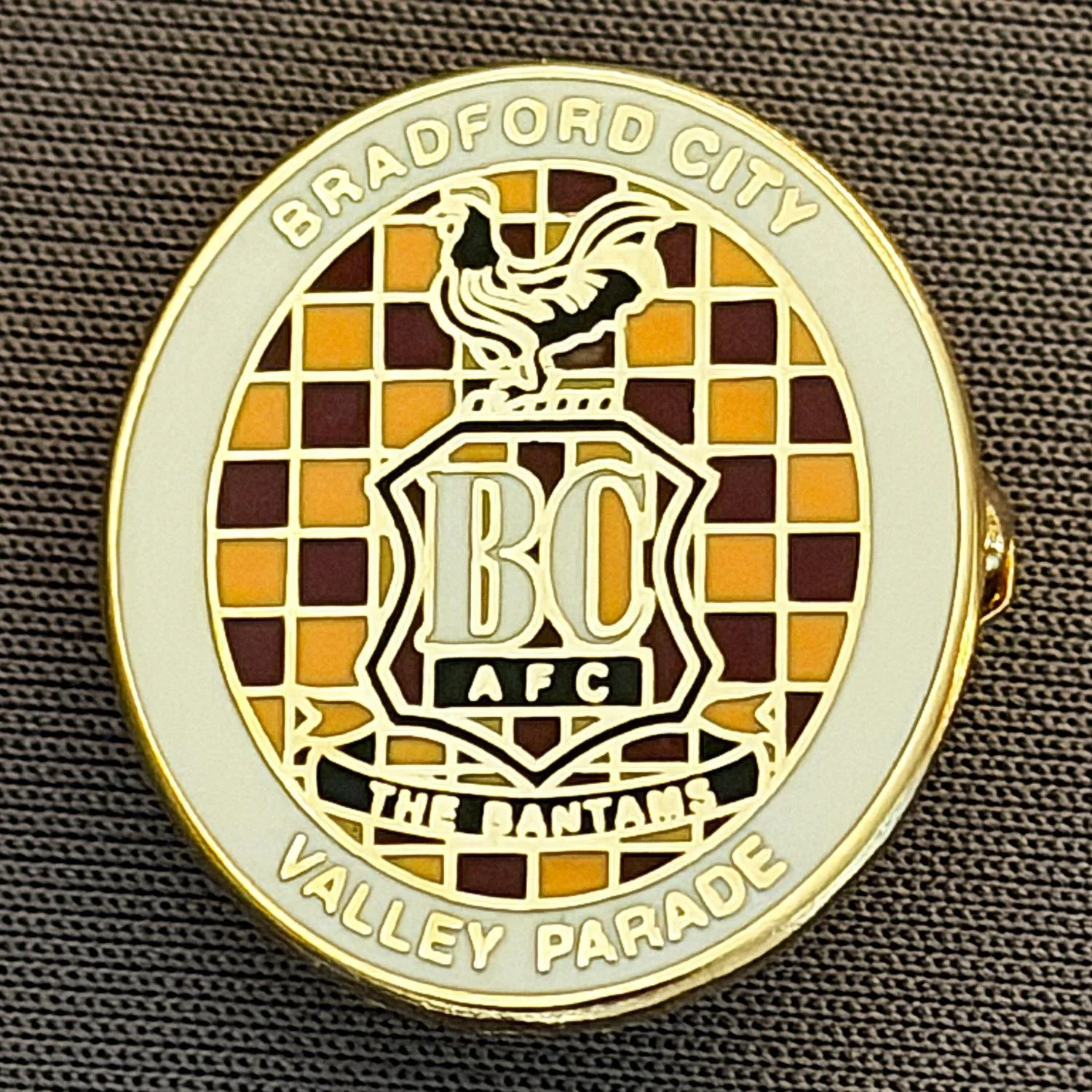Reference Number: BCC&L102
Size: H 22.6 mm x 20.3  mm
Pin Type: Brooch Pin
Plating: Gold
Value: £6
Manufacturer: Unknown
Comments: Oval White Check City Crest