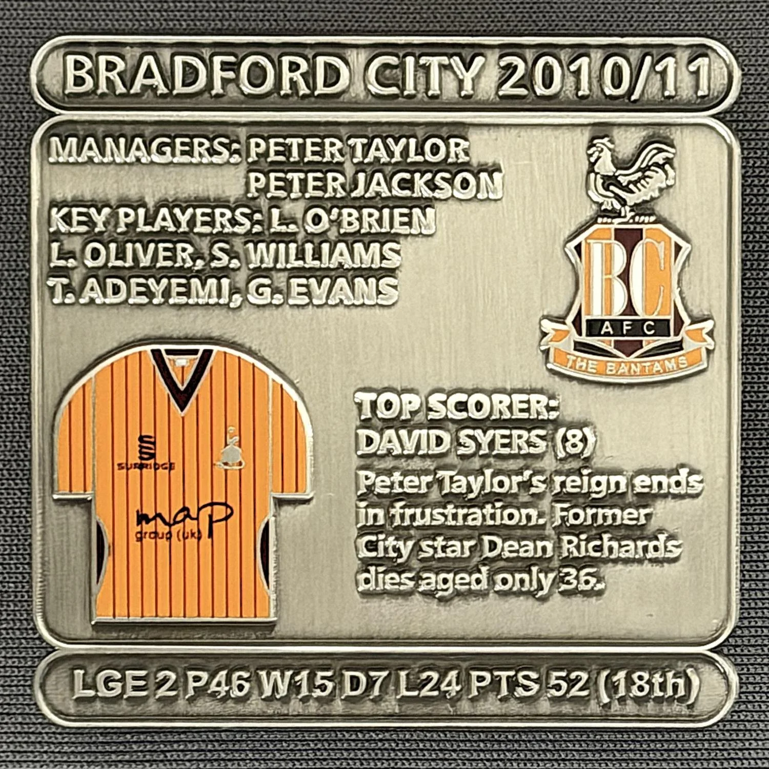 Reference Number: BCDEC223
Size: H 41.1 mm x W 42 mm
Pin Type: Double Metal Clutch
Plating: Antique Silver
Value: £8
Manufacturer: Historic Sports Badges Ltd
Comments: 2010/11 Season