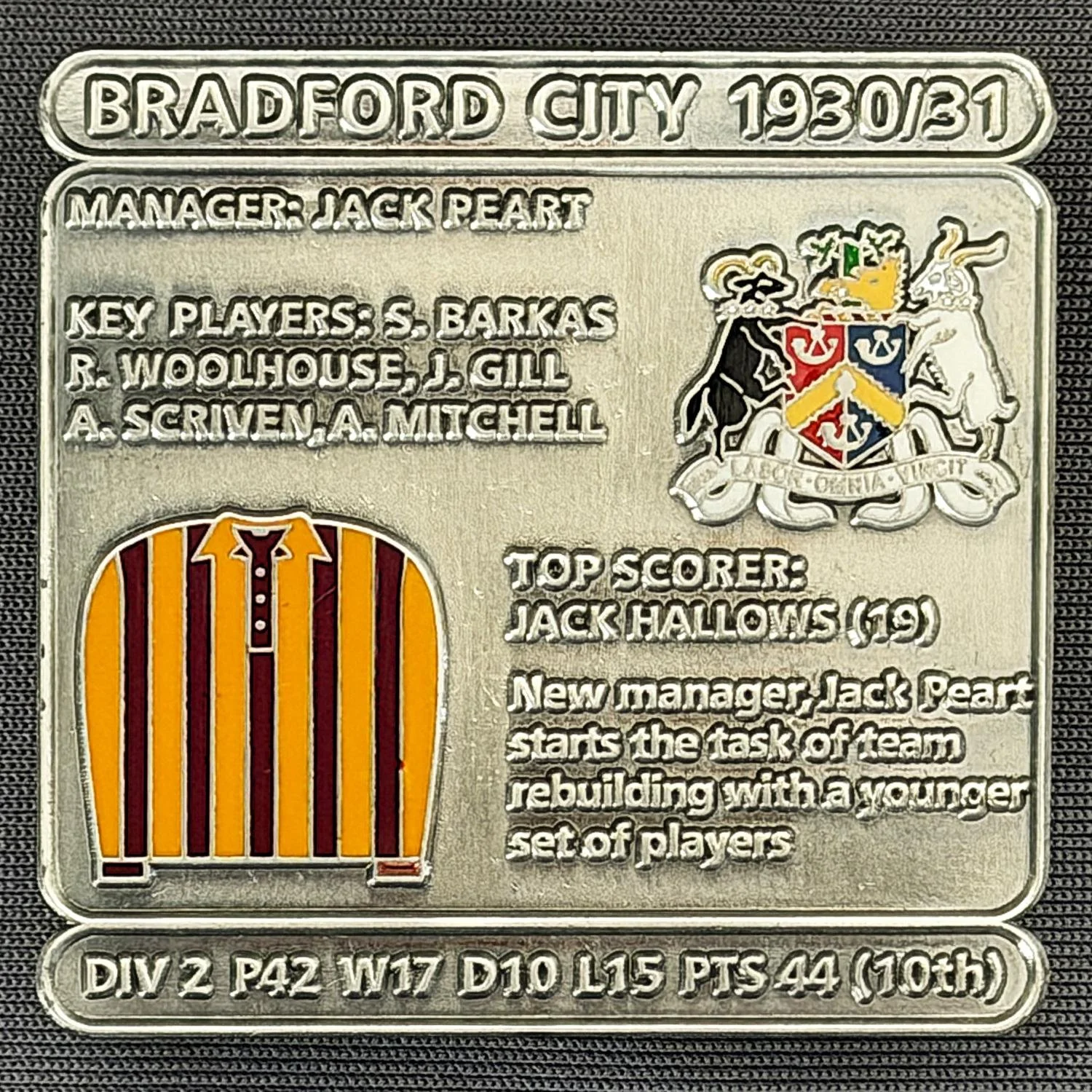Reference Number: BCDEC067
Size: H 41.1 mm x W 42 mm
Pin Type: Double Metal Clutch
Plating: Antique Silver
Value: £8
Manufacturer: Historic Sports Badges Ltd
Comments: 1930/31 Season