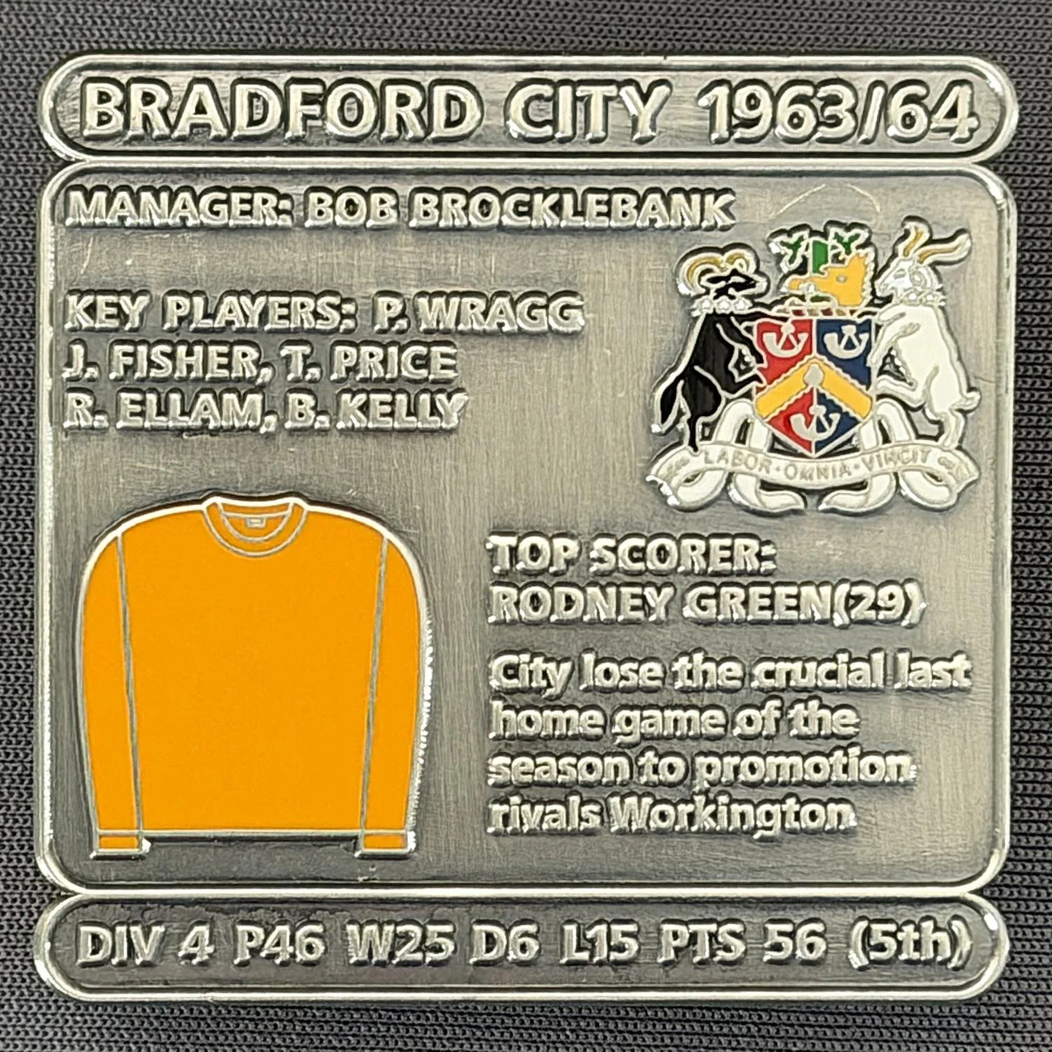 Reference Number: BCDEC130
Size: H 41.1 mm x W 42 mm
Pin Type: Double Metal Clutch
Plating: Antique Silver
Value: £8
Manufacturer: Historic Sports Badges Ltd
Comments: 1963/64 Season