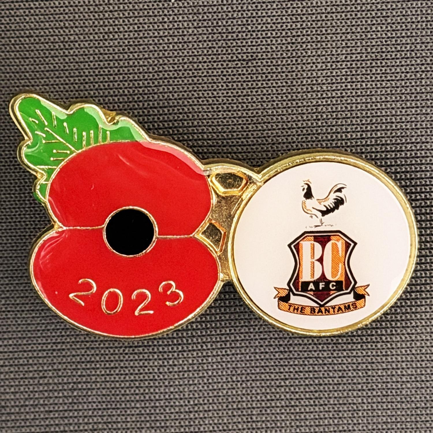 Reference Number: BCPOP003
Size: H 22.5 mm x W 34.9 mm
Pin Type: Metal Clutch
Plating: Gold
Value: £6
Manufacturer: Royal British Legion
Comments: Bradford City Poppy 2023
