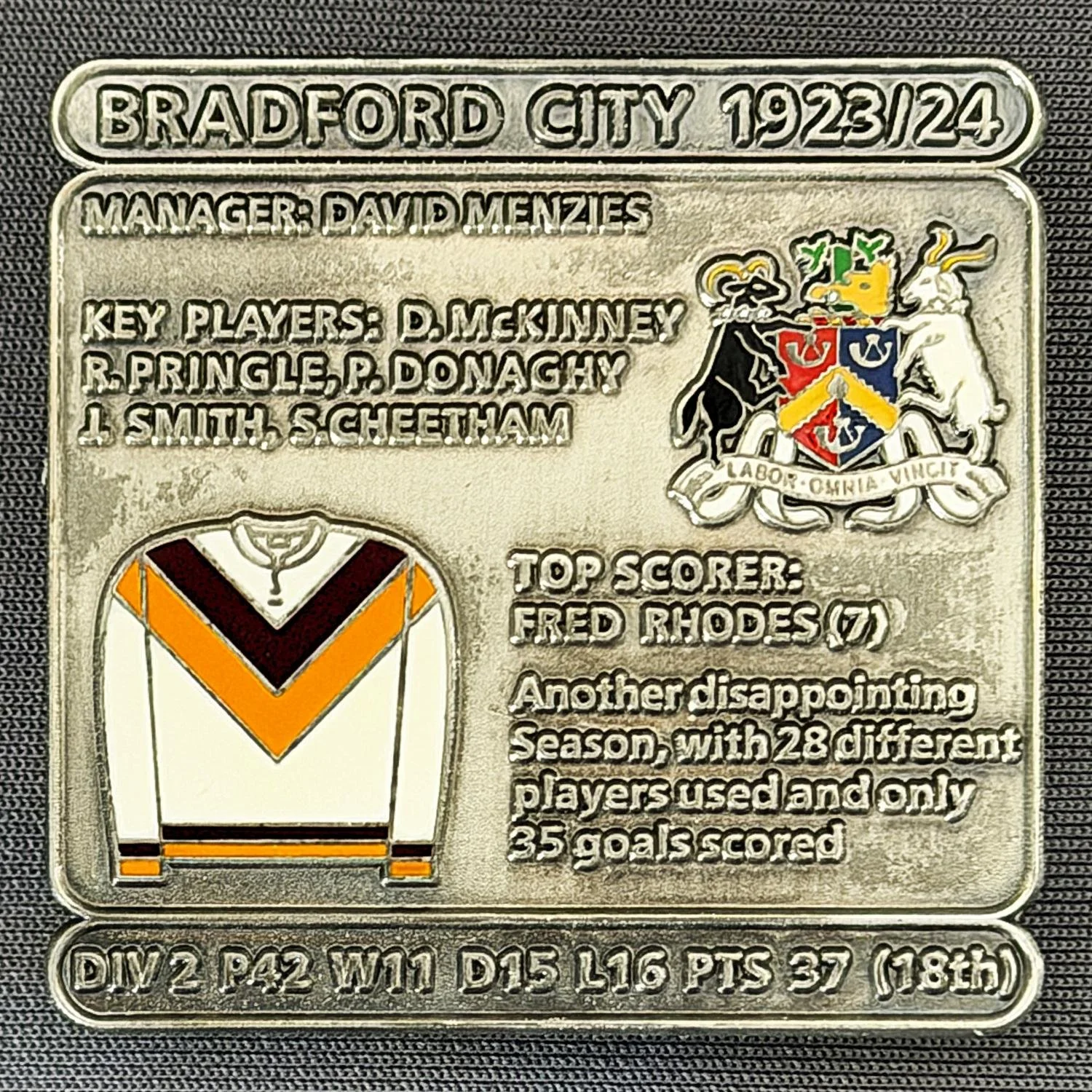 Reference Number: BCDEC050
Size: H 41.1 mm x W 42 mm
Pin Type: Double Metal Clutch
Plating: Antique Silver
Value: £8
Manufacturer: Historic Sports Badges Ltd
Comments: 1923/24 Season