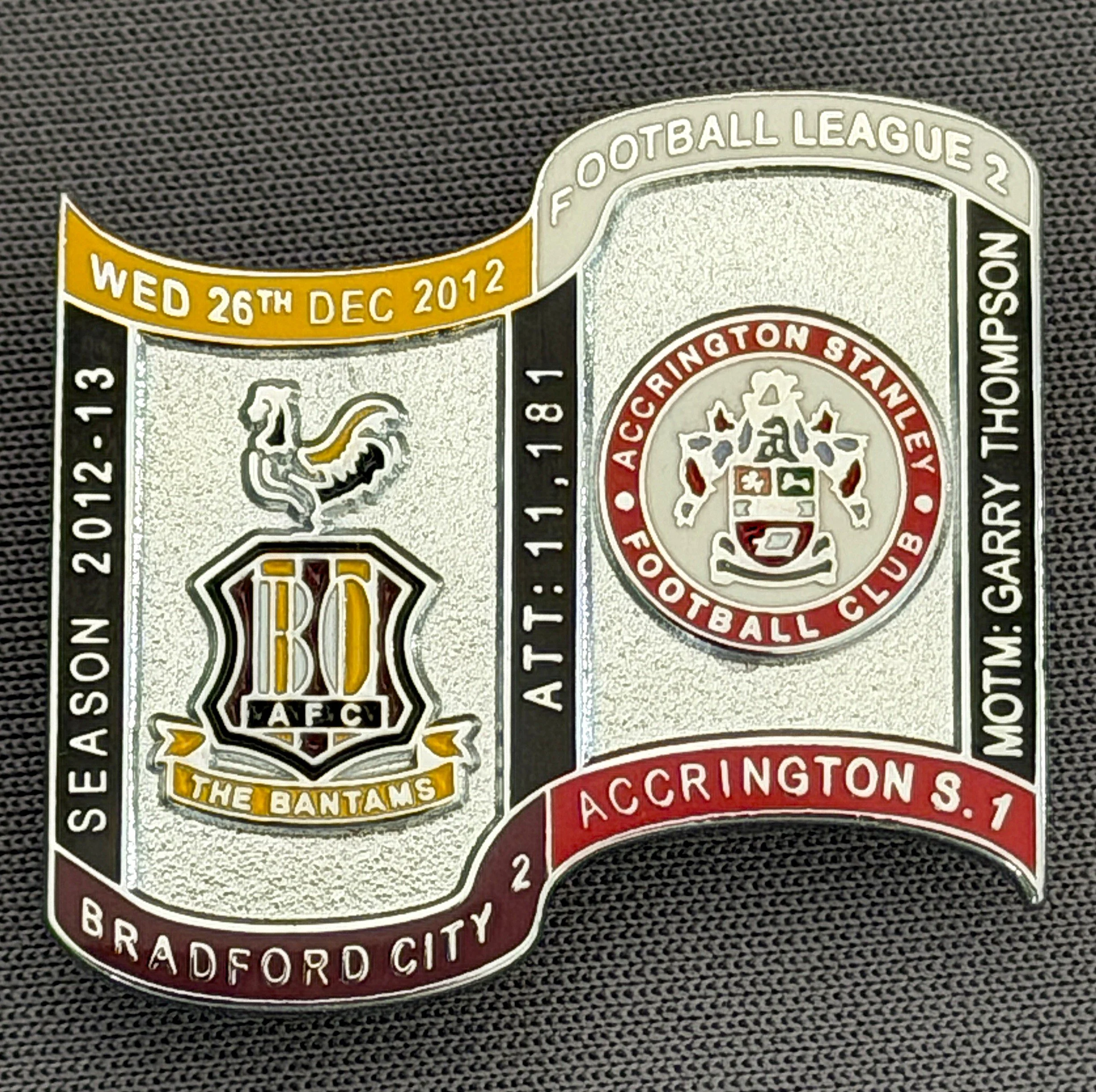 Reference Number: BCFIX150
Size: H 26.9 mm x W 29.2 mm
Pin Type: Brooch Pin
Plating: Chrome
Value: £10
Manufacturer: Bradford City Badges
Comments: Bradford City v Accrington Stanley  2012/13 Limited Edition 10 Badges (Silver Version)
