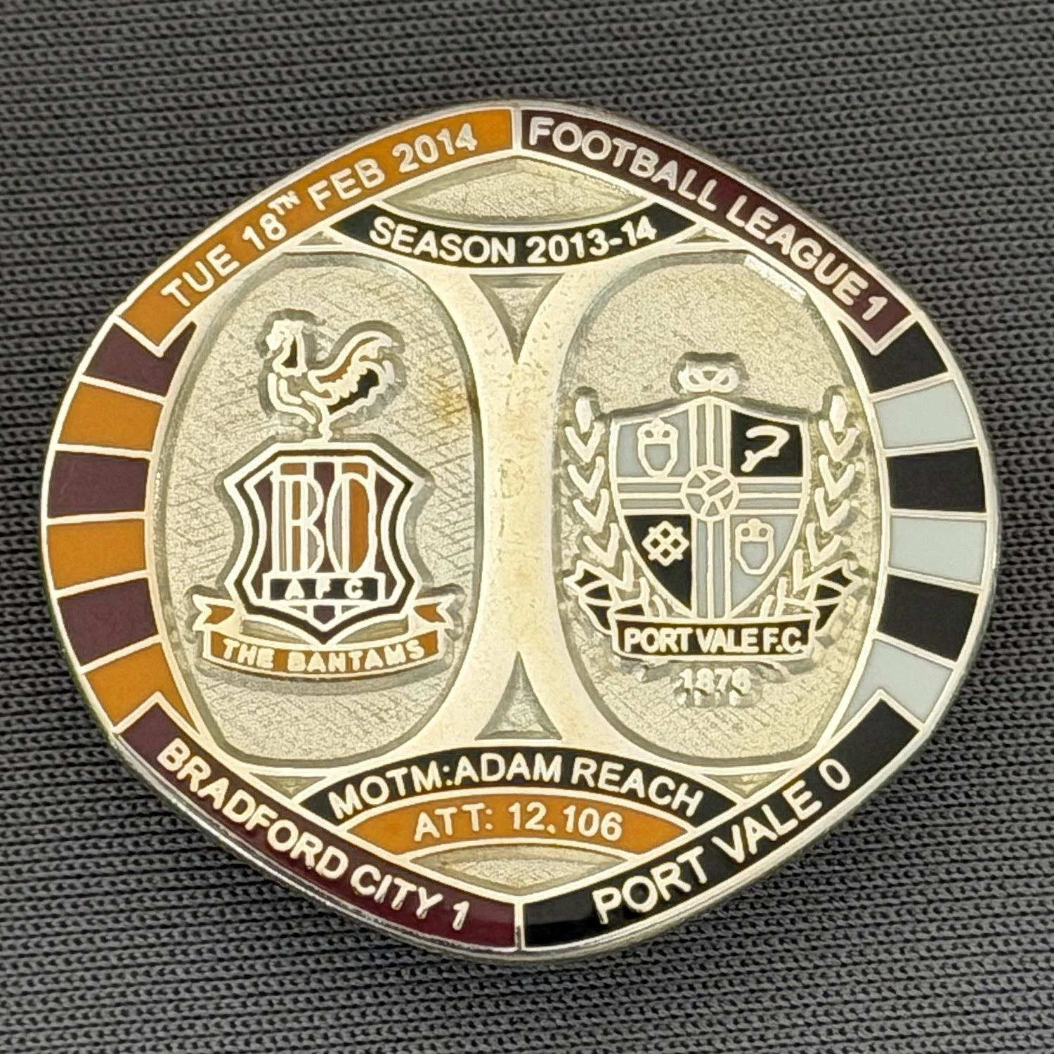 Reference Number: BCFIX223
Size: H 26.3 mm x W 28.9 mm
Pin Type: Brooch Pin
Plating: Silver
Value: £10
Manufacturer: Bradford City Badges
Comments: Bradford City v Port Vale  2013/14 Limited Edition 10 Badges (Silver Version)