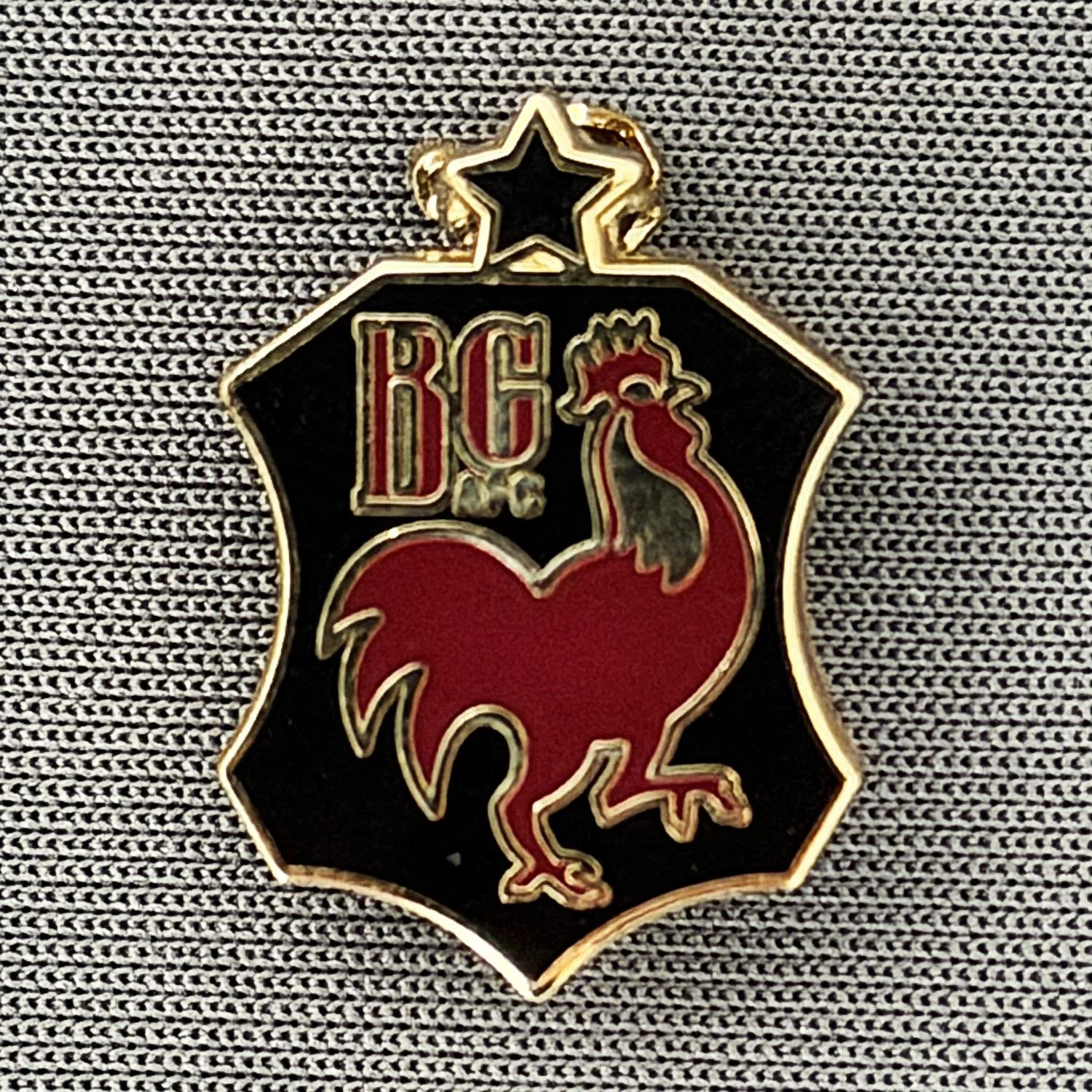 Reference Number: BCBAN041
Size: H 20 mm x W 14.2 mm
Pin Type: Brooch Pin
Plating: Gold
Value: £6
Manufacturer: Unknown
Comments: Black & Claret, Bantam Crest Shield, Small Version