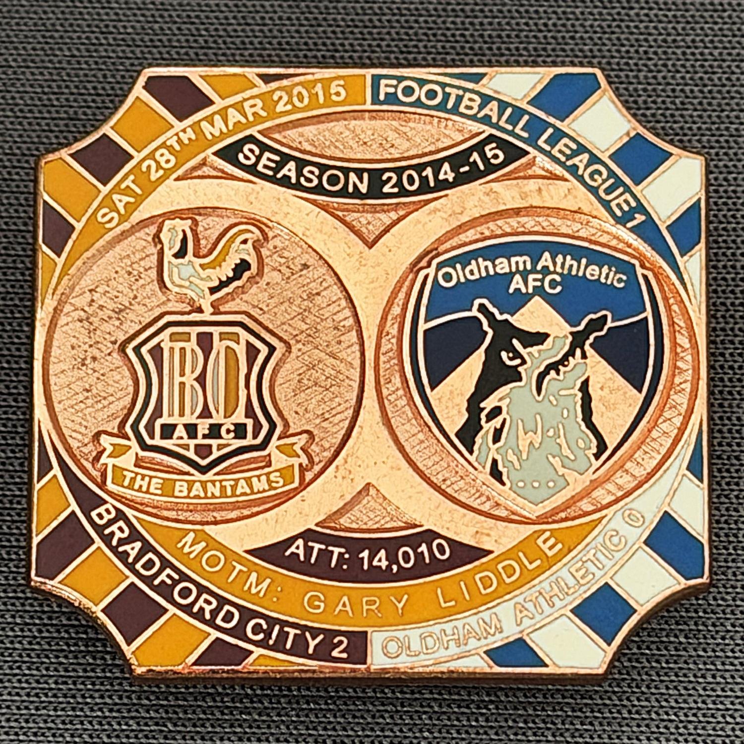 Reference Number: BCFIX318
Size: H 26.8 mm x W 28.8 mm
Pin Type: Brooch Pin
Plating: Copper
Value: £12
Manufacturer: Bradford City Badges
Comments: Bradford City v Oldham Athletic 2014/15, Limited Edition of 1 Badge (Copper Version)