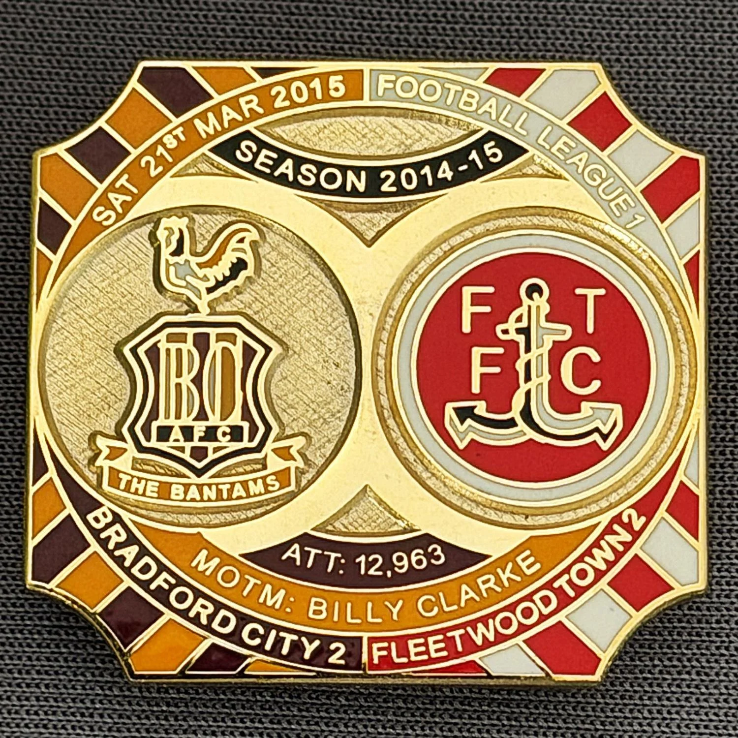 Reference Number: BCFIX271
Size: H 26.8 mm x W 28.8 mm
Pin Type: Brooch Pin
Plating: Gold
Value: £8
Manufacturer: Bradford City Badges
Comments: Bradford City v Fleetwood Town 2014/15, Limited Edition of 50 Badges (Gold Version)