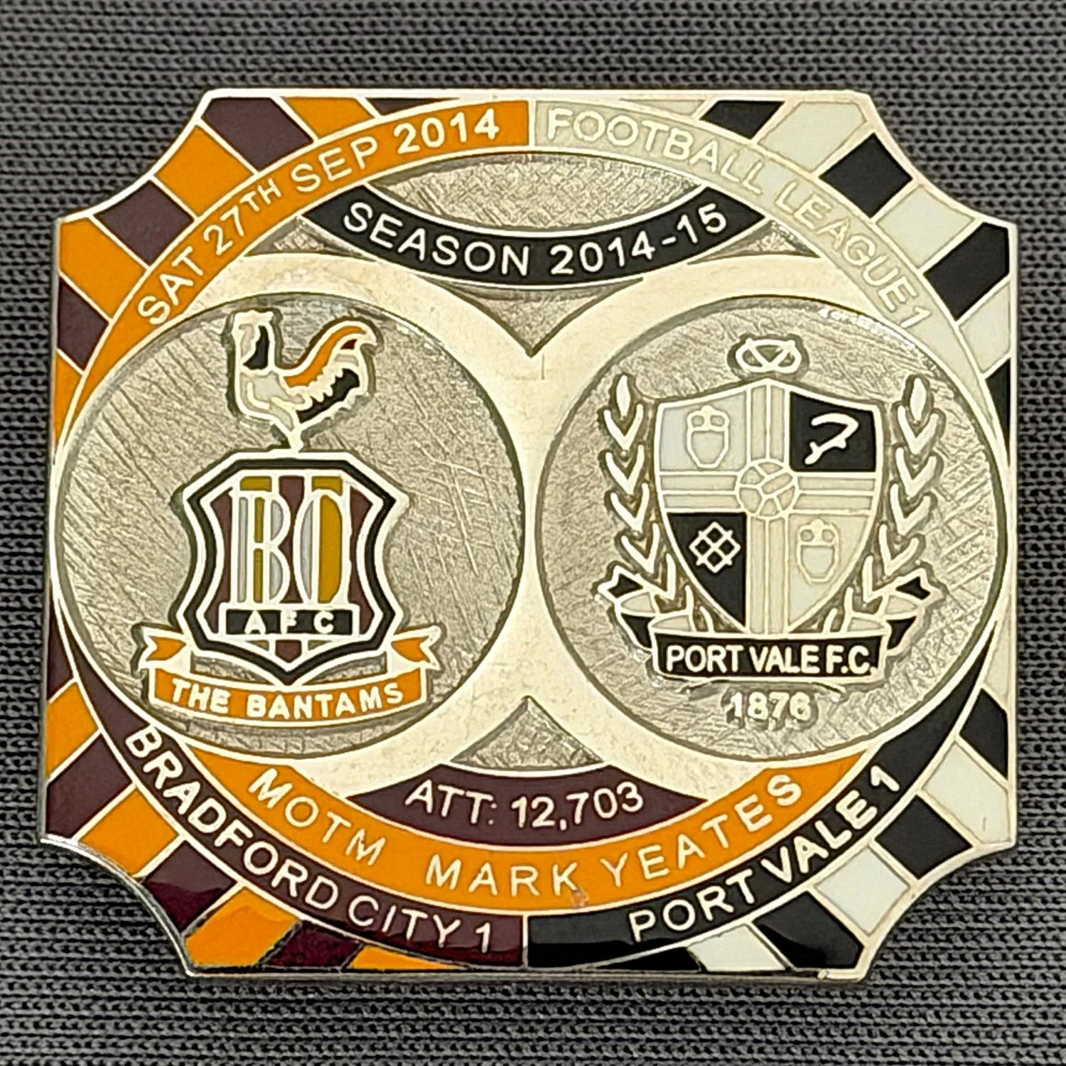 Reference Number: BCFIX281
Size: H 26.8 mm x W 28.8 mm
Pin Type: Brooch Pin
Plating: Nickel
Value: £10
Manufacturer: Bradford City Badges
Comments: Bradford City v Port Vale 2014/15, Limited Edition of 10 Badges (Nickel Version)