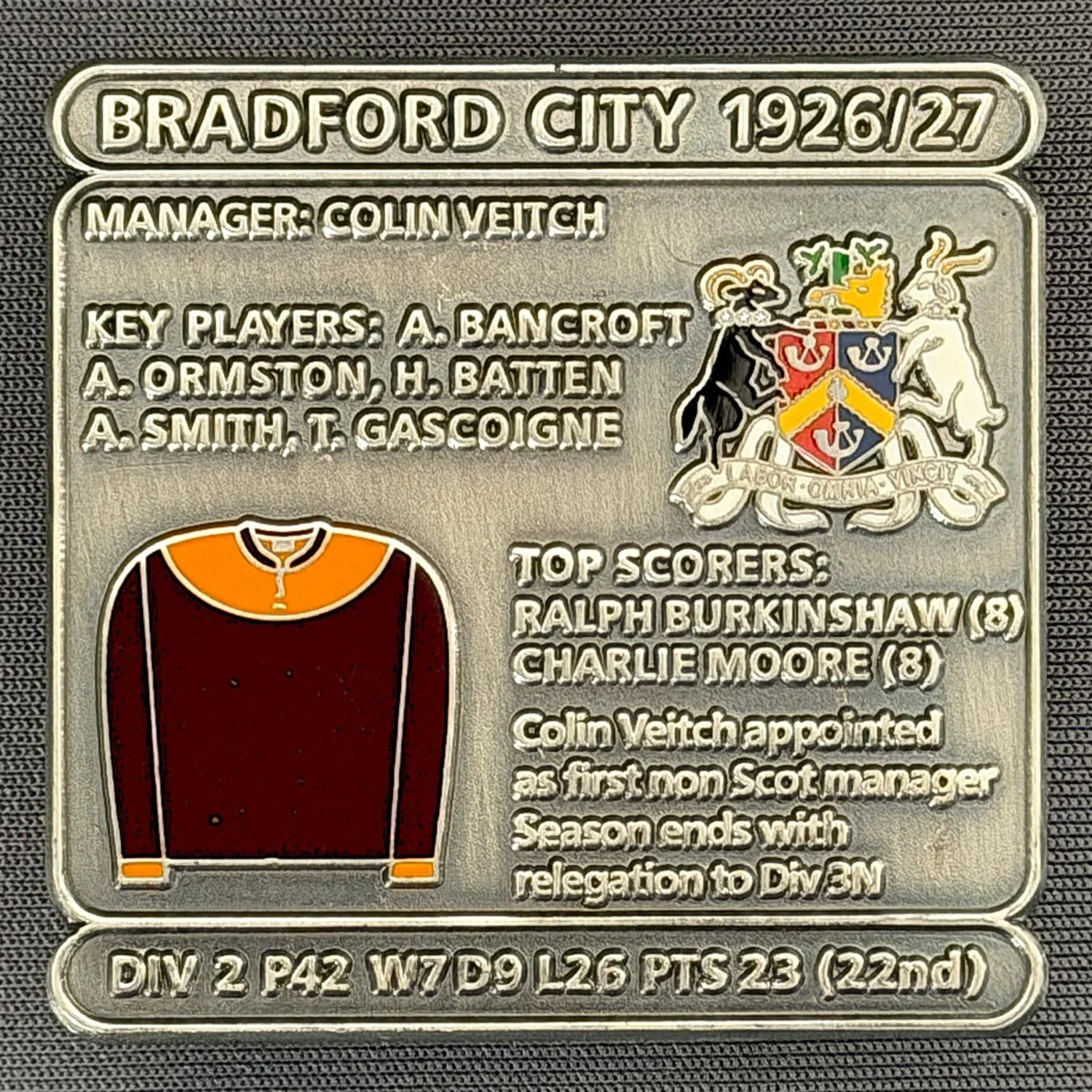 Reference Number: BCDEC053
Size: H 41.1 mm x W 42 mm
Pin Type: Double Metal Clutch
Plating: Antique Silver
Value: £8
Manufacturer: Historic Sports Badges Ltd
Comments: 1926/27 Season
