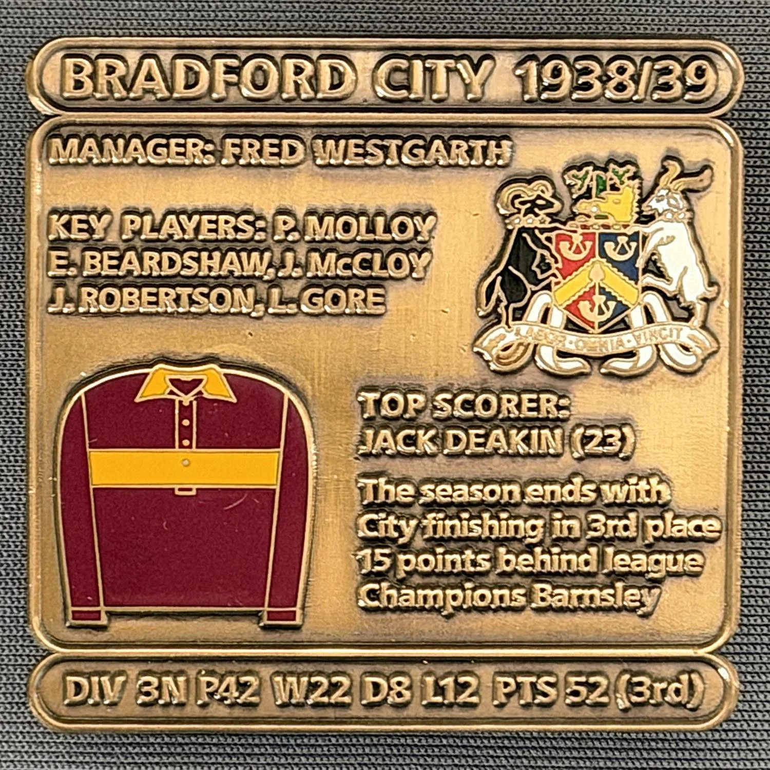 Reference Number: BCDEC065
Size: H 41.1 mm x W 42 mm
Pin Type: Double Metal Clutch
Plating: Antique Gold
Value: £8
Manufacturer: Historic Sports Badges Ltd
Comments: 1938/30 Season