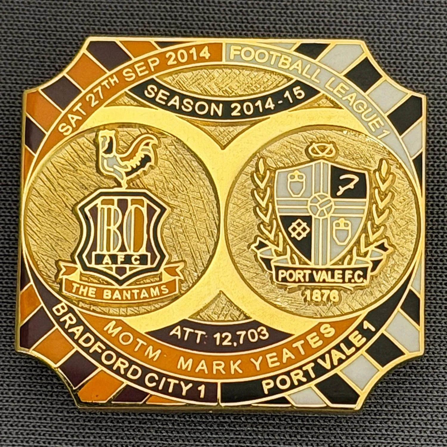 Reference Number: BCFIX258
Size: H 26.8 mm x W 28.8 mm
Pin Type: Brooch Pin
Plating: Gold
Value: £8
Manufacturer: Bradford City Badges
Comments: Bradford City v Port Vale 2014/15,  Limited Edition of 50 Badges (Gold Version)