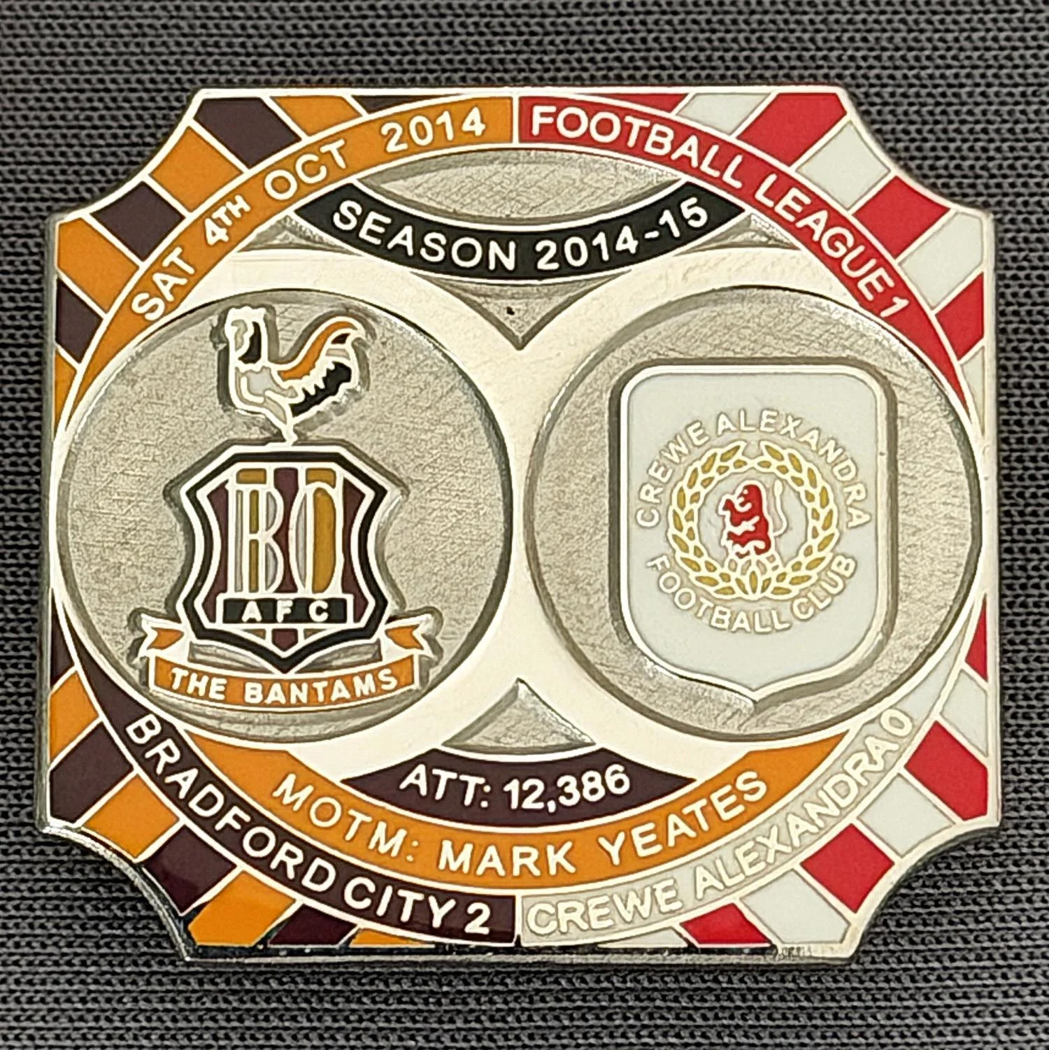 Reference Number: BCFIX282
Size: H 26.8 mm x W 28.8 mm
Pin Type: Brooch Pin
Plating: Nickel
Value: £10
Manufacturer: Bradford City Badges
Comments: Bradford City v Crewe Alexandra 2014/15, Limited Edition of 10 Badges (Nickel Version)