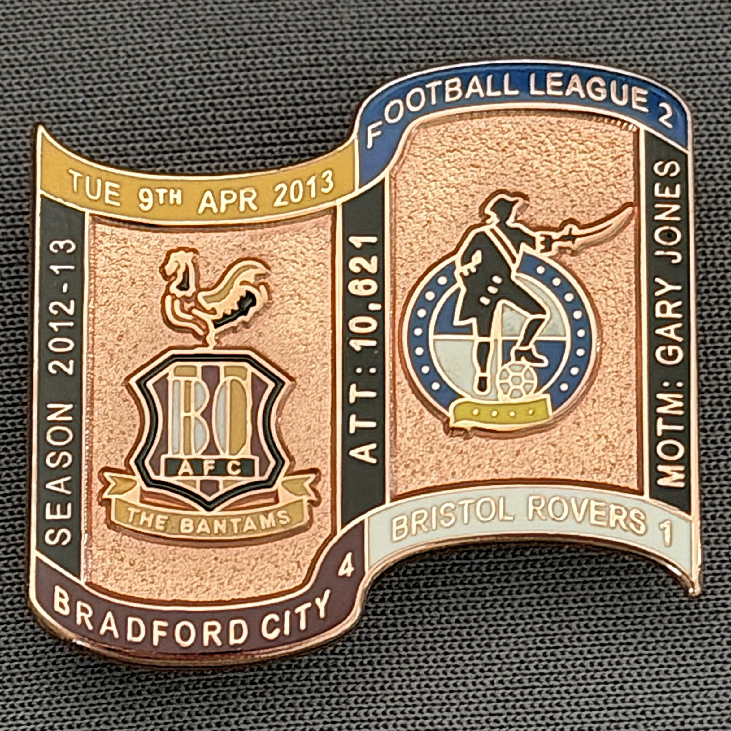 Reference Number: BCFIX181
Size: H 26.9 mm x W 29.2 mm
Pin Type: Brooch Pin
Plating: Copper
Value: £12
Manufacturer: Bradford City Badges
Comments: Bradford City v Bristol Rovers  2012/13 Limited Edition 1 Badge (Copper Version)