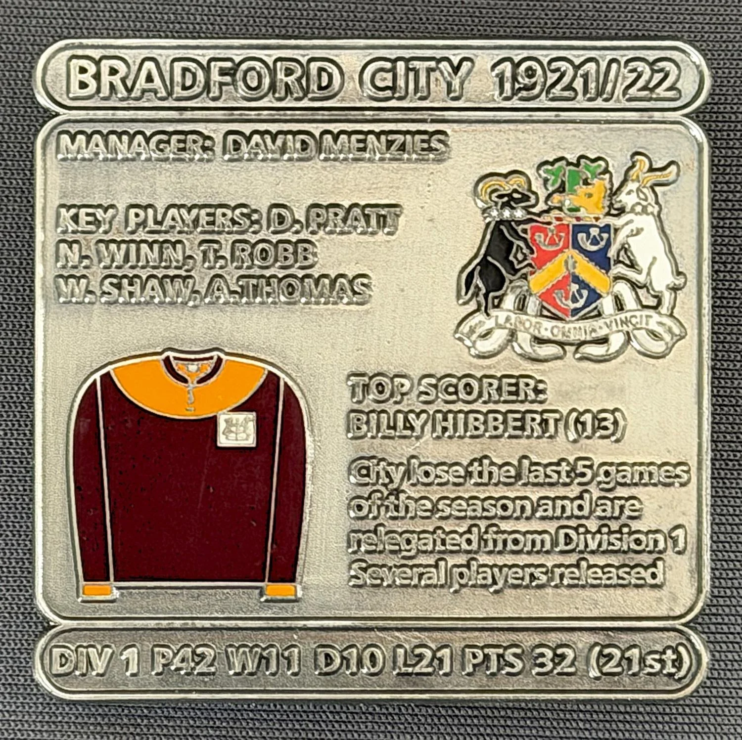 Reference Number: BCDEC048
Size: H 41.1 mm x W 42 mm
Pin Type: Double Metal Clutch
Plating: Antique Silver
Value: £8
Manufacturer: Historic Sports Badges Ltd
Comments: 1921/22 Season