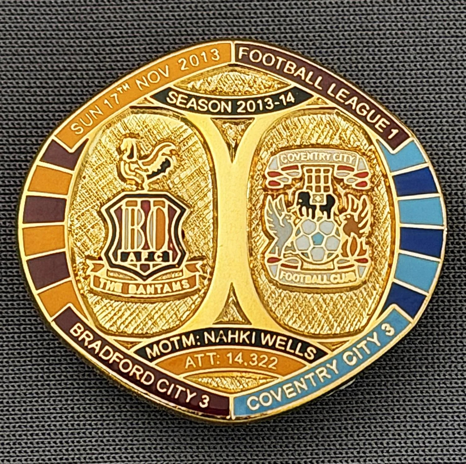 Reference Number: BCFIX192
Size: H 26.3 mm x W 28.9 mm
Pin Type: Brooch Pin
Plating: Gold
Value: £8
Manufacturer: Bradford City Badges
Comments: Bradford City v Coventry City 2013/14 Limited Edition 55 Badges