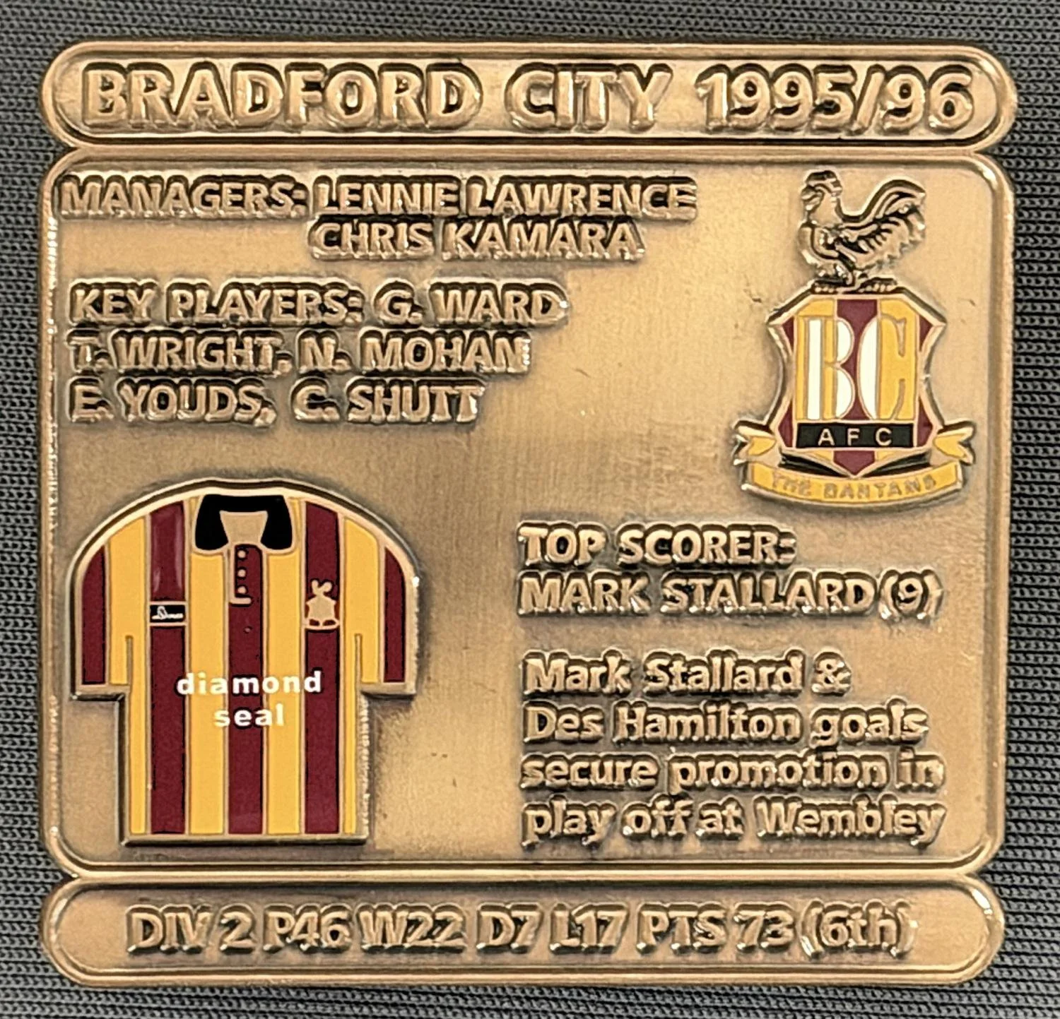 Reference Number: BCDEC182
Size: H 41.1 mm x W 42 mm
Pin Type: Double Metal Clutch
Plating: Antique Gold
Value: £8
Manufacturer: Historic Sports Badges Ltd
Comments: 1995/96 Promotion Season at Wembley
