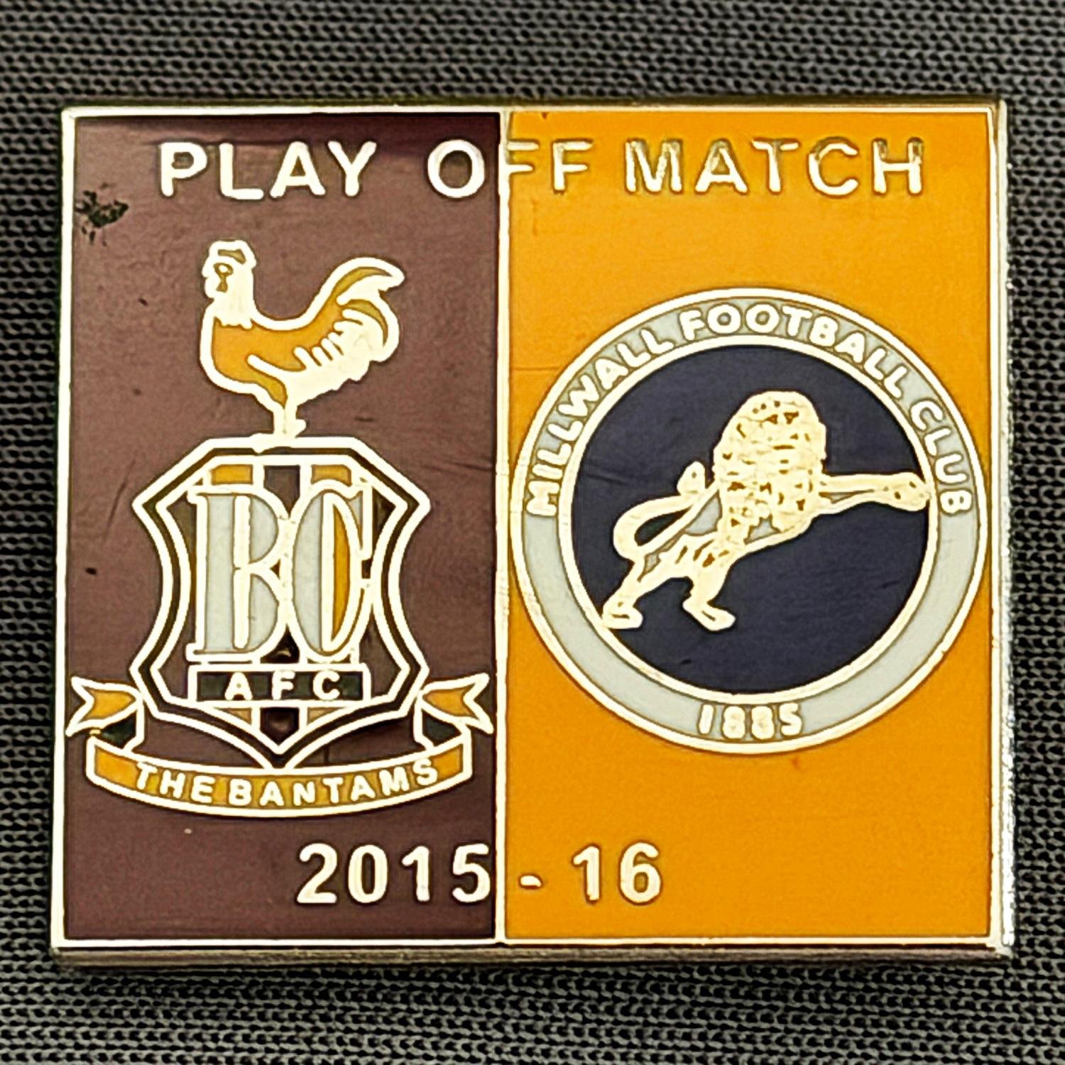 Reference Number: BCOFIX037
Size: H 22.7 mm x W 24.7 mm
Pin Type: Brooch Pin
Plating: Silver
Value: £6
Manufacturer: Unknown
Comments: Play Off Semi Final City v Millwall 2016, Claret & Amber Version