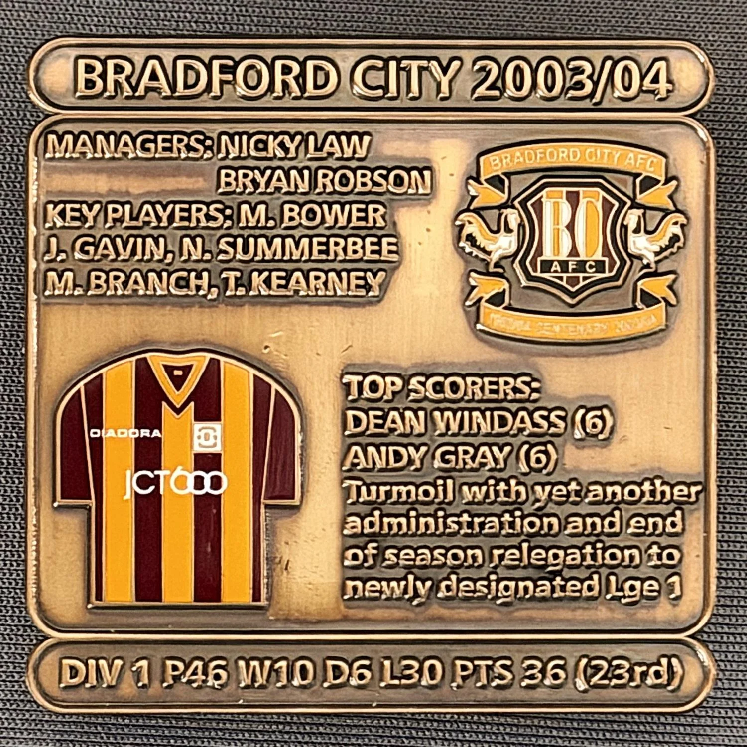 Reference Number: BCDEC200
Size: H 41.1 mm x W 42 mm
Pin Type: Double Metal Clutch
Plating: Antique Gold
Value: £8
Manufacturer: Historic Sports Badges Ltd
Comments: 2003/04 Season