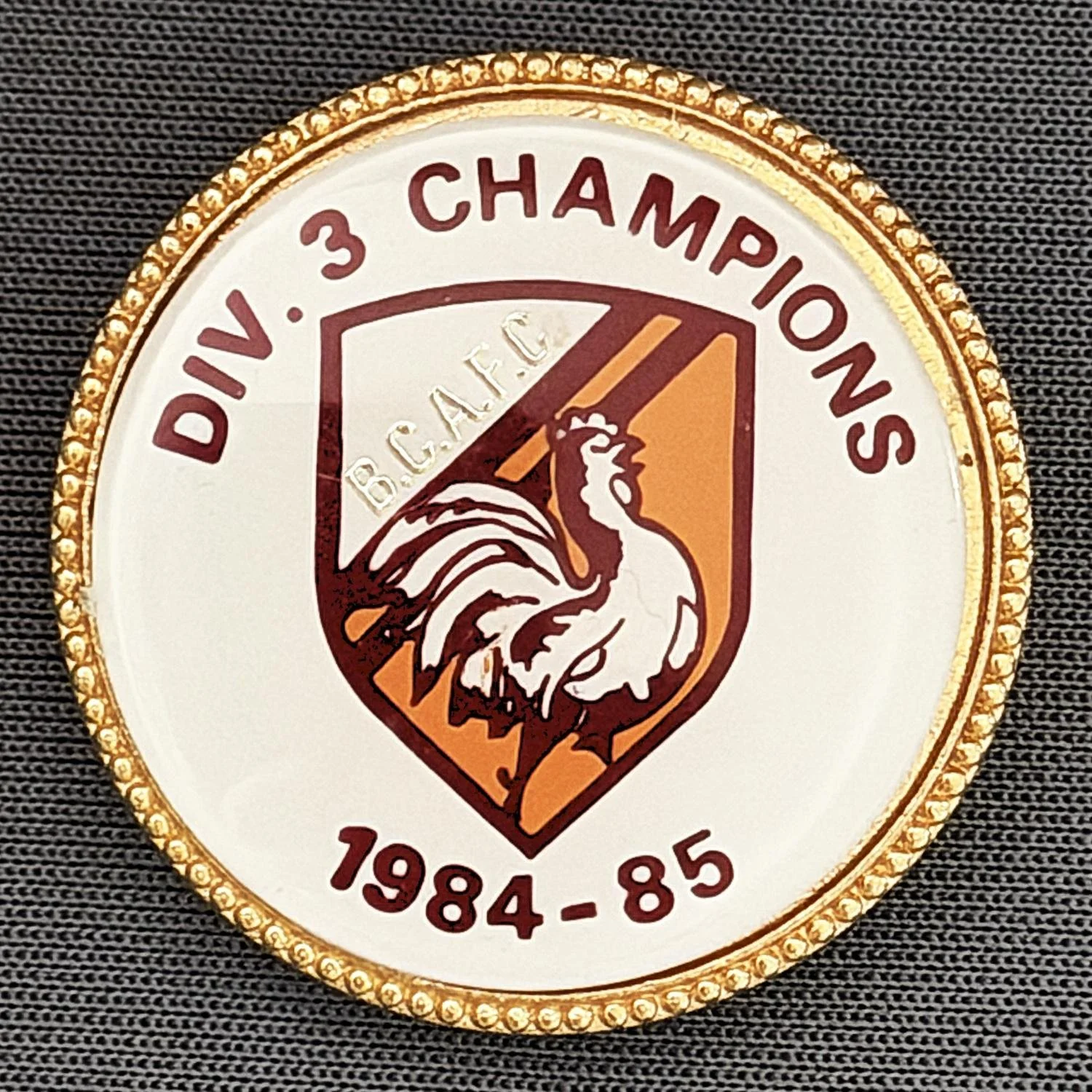 Reference Number: BCEVE001
Size: D 28.3 mm
Pin Type: Brooch Pin
Plating: Gold
Value: £12
Manufacturer: Unknown
Comments: 1984/85 Division 3 Champions Plastic Insert
