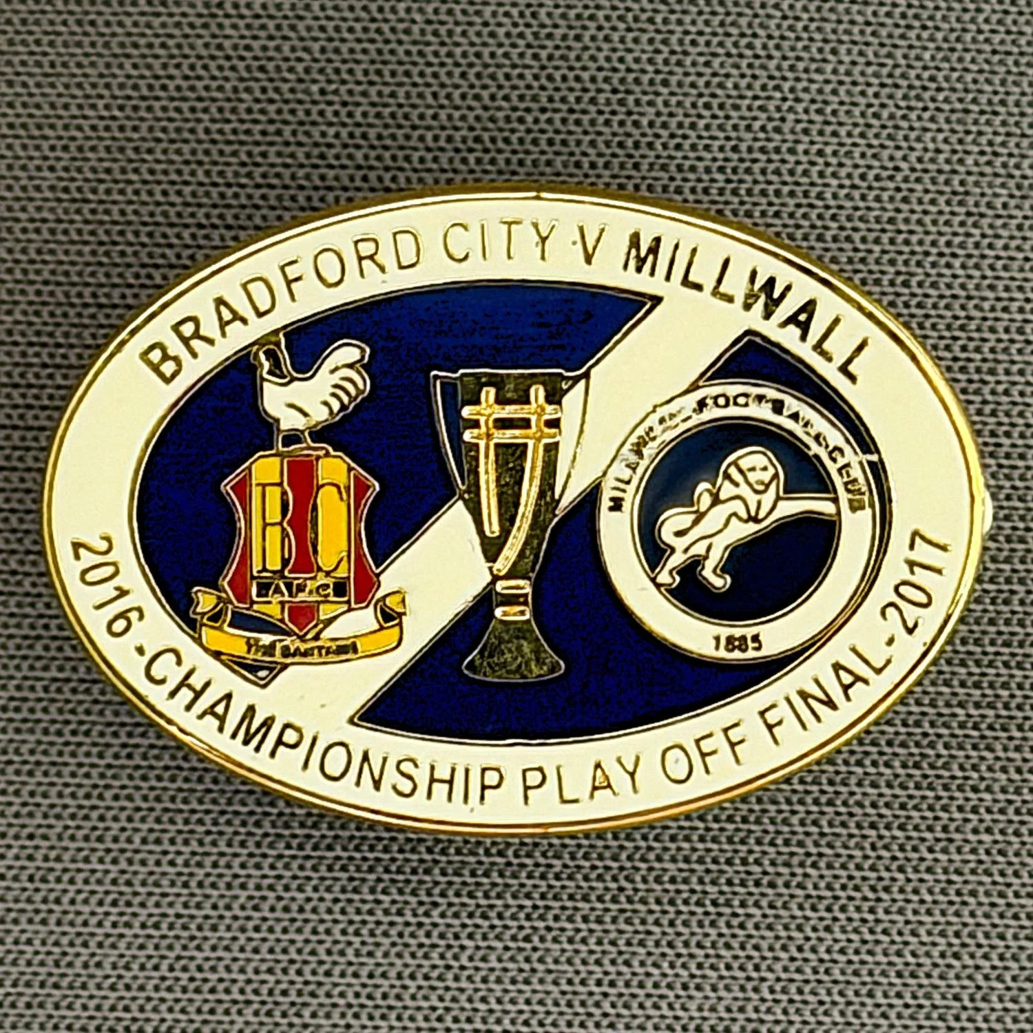 Reference Number: BCOFIX044
Size: H 17.9 mm x W 26 mm
Pin Type: Rubber Clutch
Plating: Gold
Value: £6
Manufacturer: Tricky's Pins
Comments: Play Off Final City v Millwall 2017, White & Blue Version