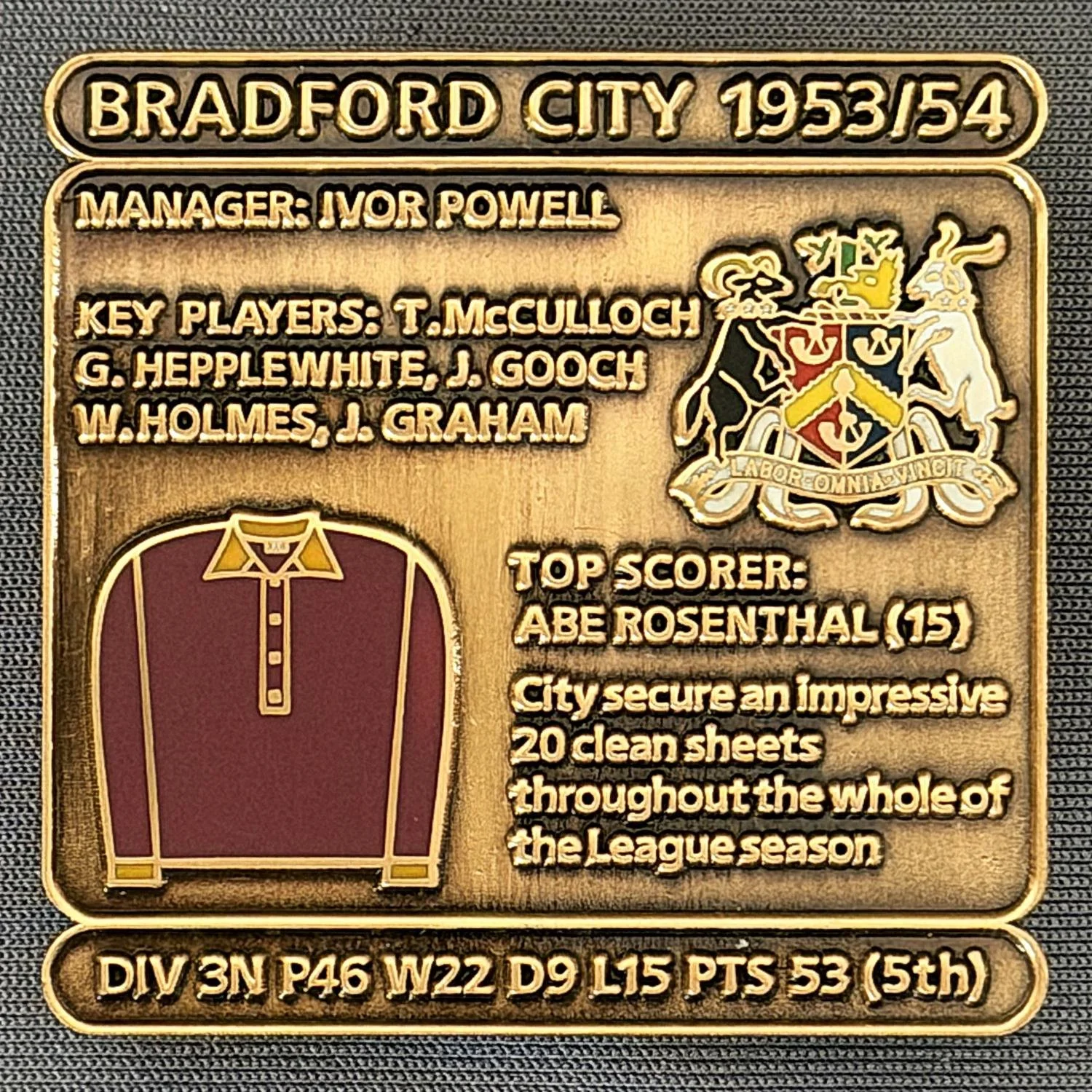 Reference Number: BCDEC100
Size: H 41.1 mm x W 42 mm
Pin Type: Double Metal Clutch
Plating: Antique Gold
Value: £8
Manufacturer: Historic Sports Badges Ltd
Comments: 1953/54 Season