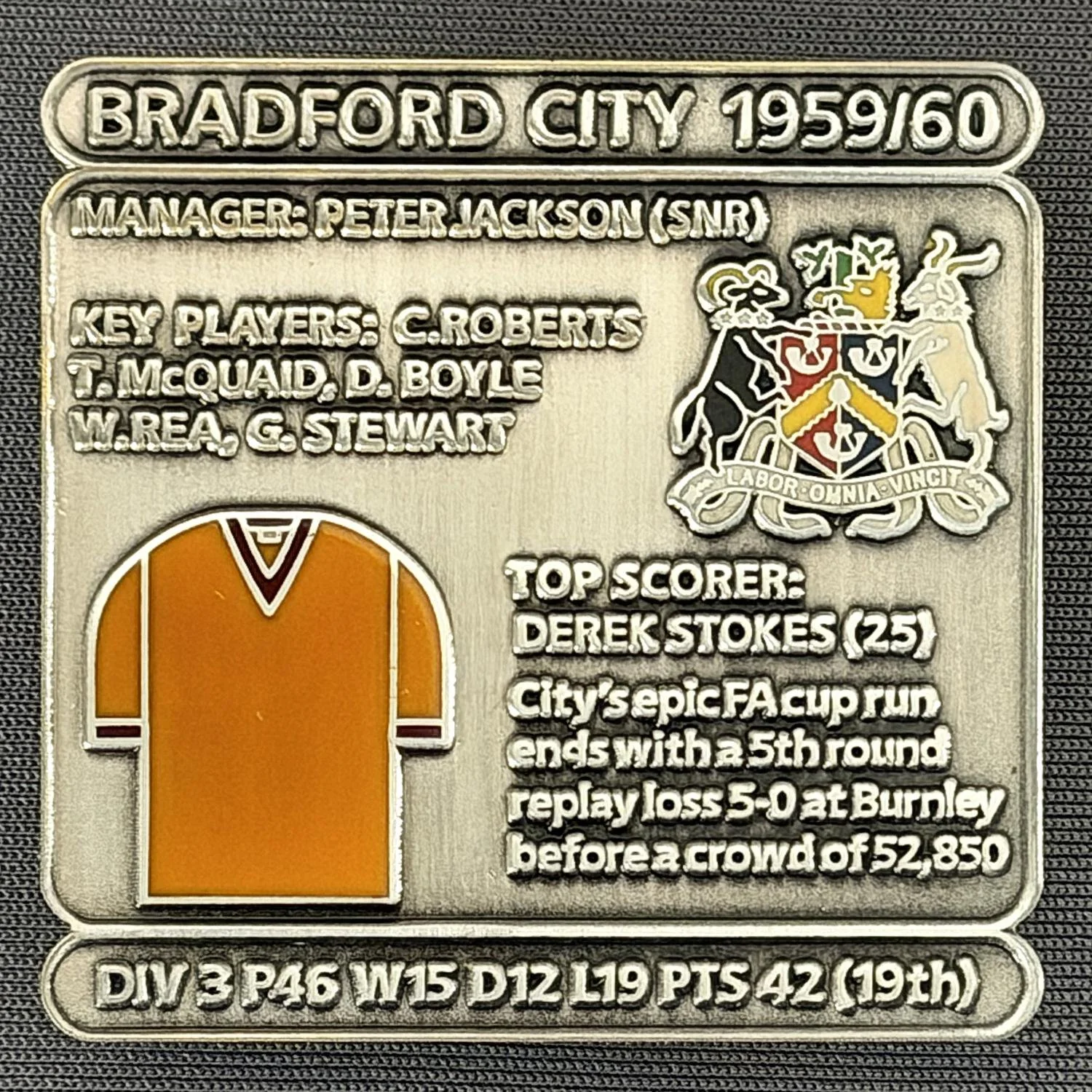 Reference Number: BCDEC116
Size: H 41.1 mm x W 42 mm
Pin Type: Double Metal Clutch
Plating: Antique Silver
Value: £8
Manufacturer: Historic Sports Badges Ltd
Comments: 1959/60 Season