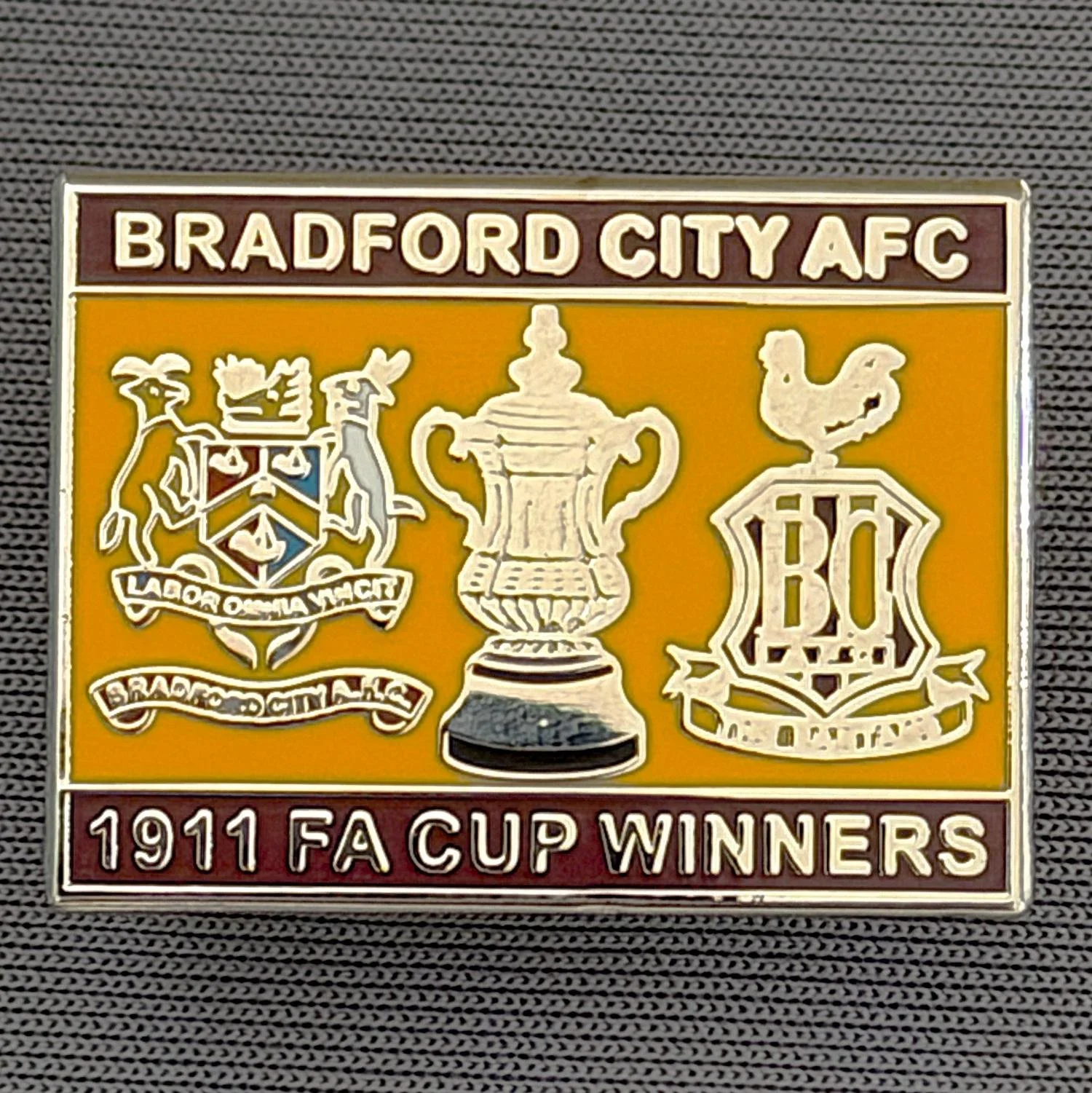 Reference Number: BCFAC034
Size: H 20.4 mm x W 26.8 mm
Pin Type: Metal Clutch
Plating: Silver
Value: £5
Manufacturer: Dan Lloyd
Comments: Bradford City 1911 F.A. Cup Winners, Claret & Amber Version