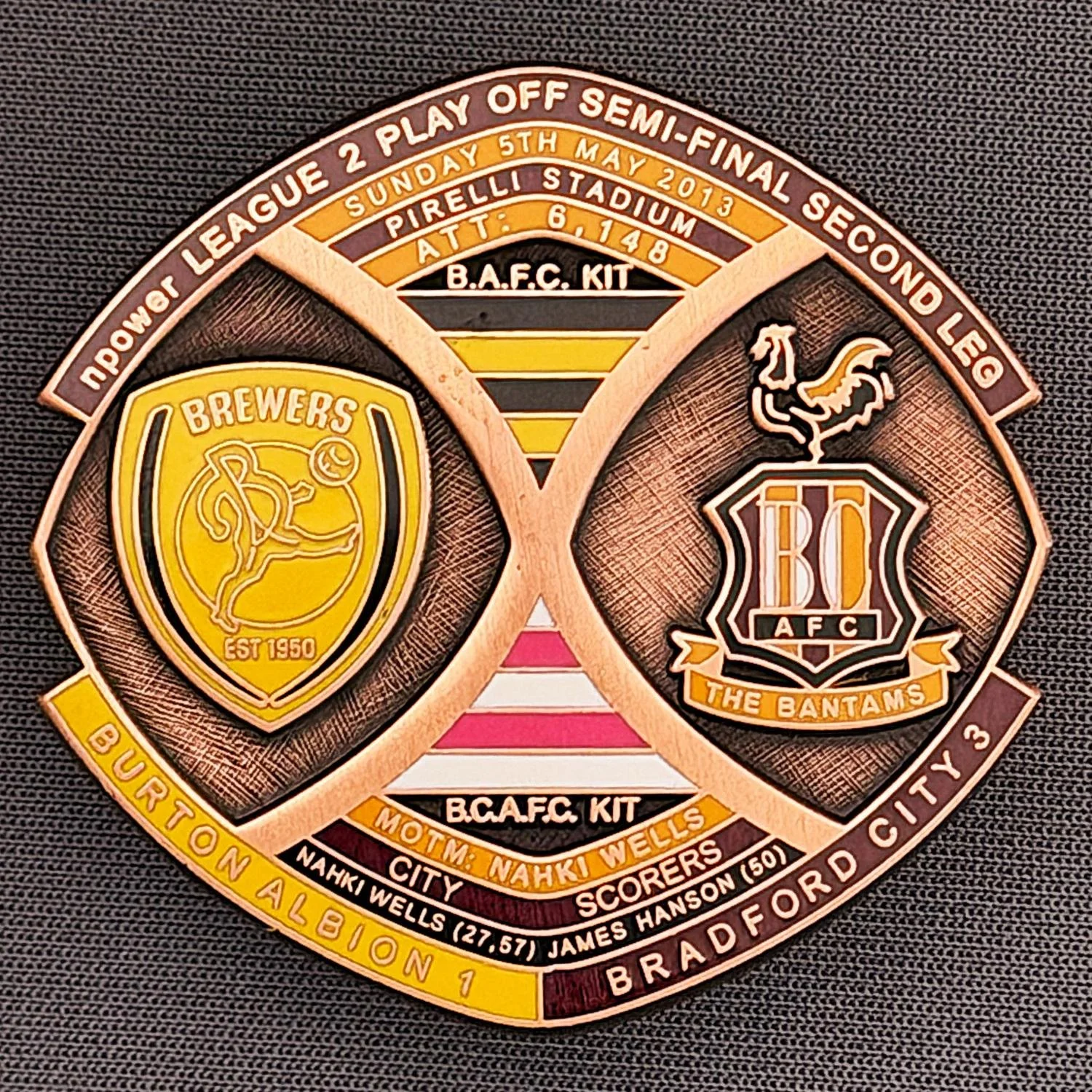 Reference Number: BCOFIX011
Size: H 40 mm x W 42.1 mm
Pin Type: Brooch Pin
Plating: Antique Copper
Value: £15
Manufacturer: Bradford City Badges
Comments: League 2 Semi Final Play Off 1st Leg Away v Burton Albion 2013, Limited Edition 1