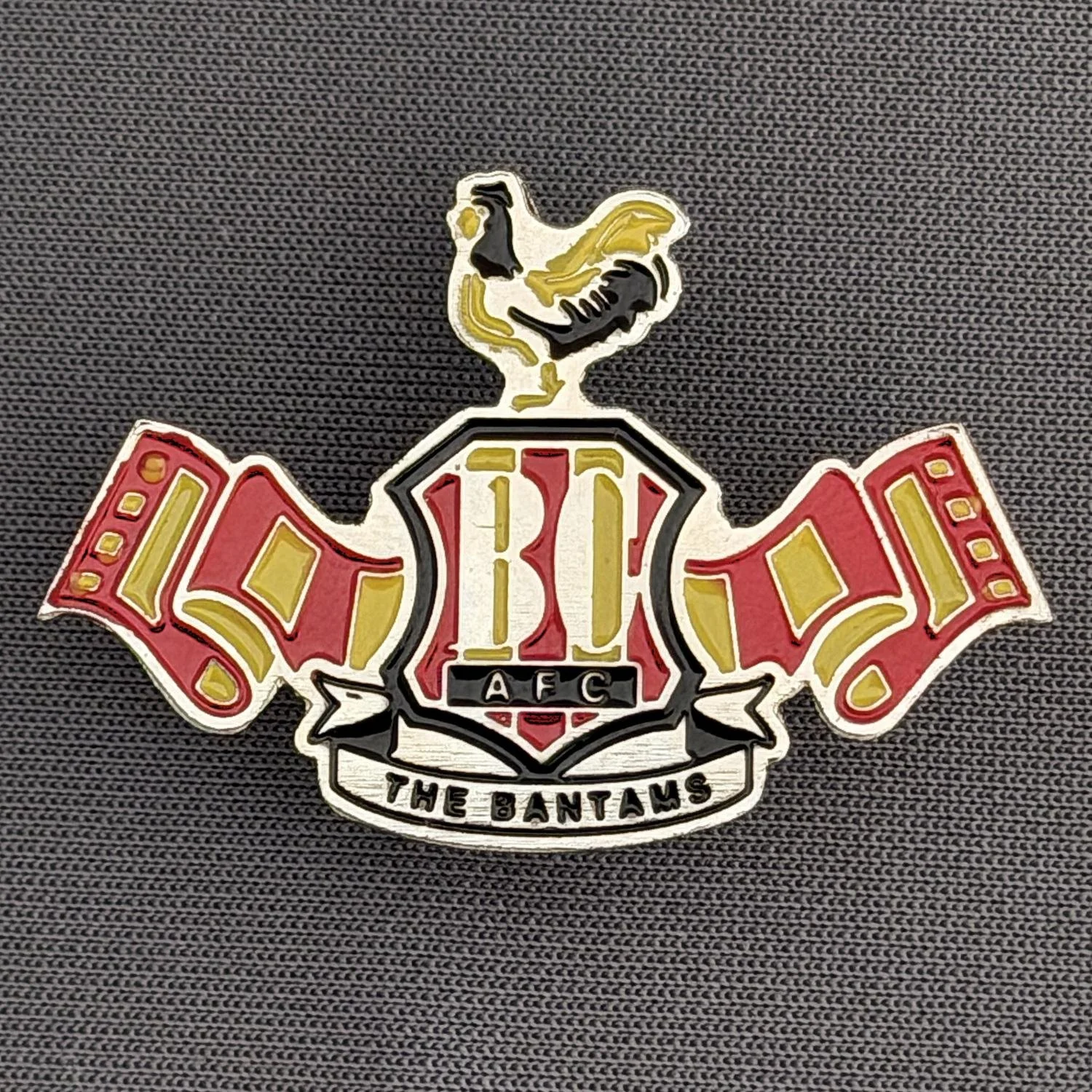 Reference Number: BCC&L025
Size: H 24.4 mm x W 36.1 mm
Pin Type: Metal Clutch
Plating: Silver
Value: £12
Manufacturer: Possibly Russian?
Comments: City Logo & Scarf