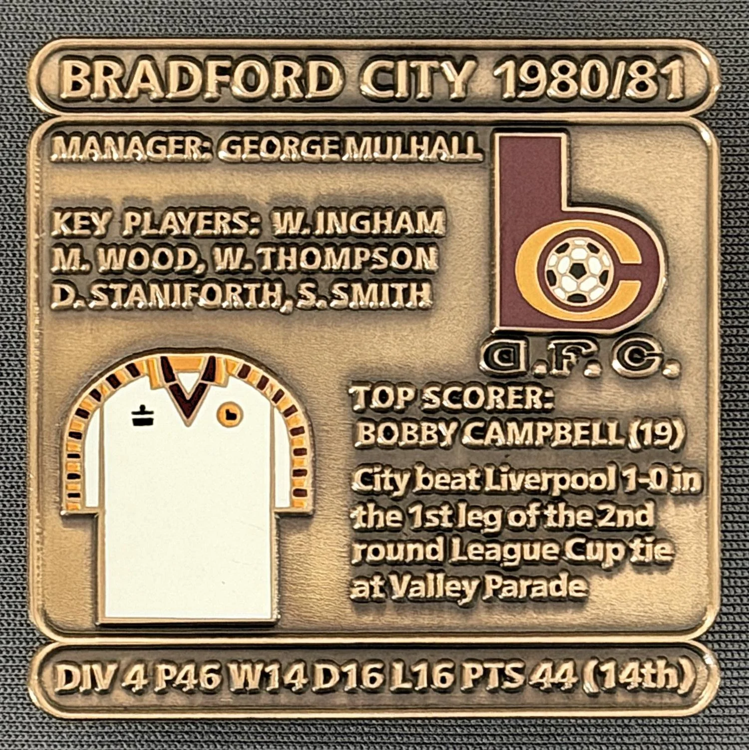 Reference Number: BCDEC157
Size: H 41.1 mm x W 42 mm
Pin Type: Double Metal Clutch
Plating: Antique Gold
Value: £8
Manufacturer: Historic Sports Badges Ltd
Comments: 1980/81 Season
