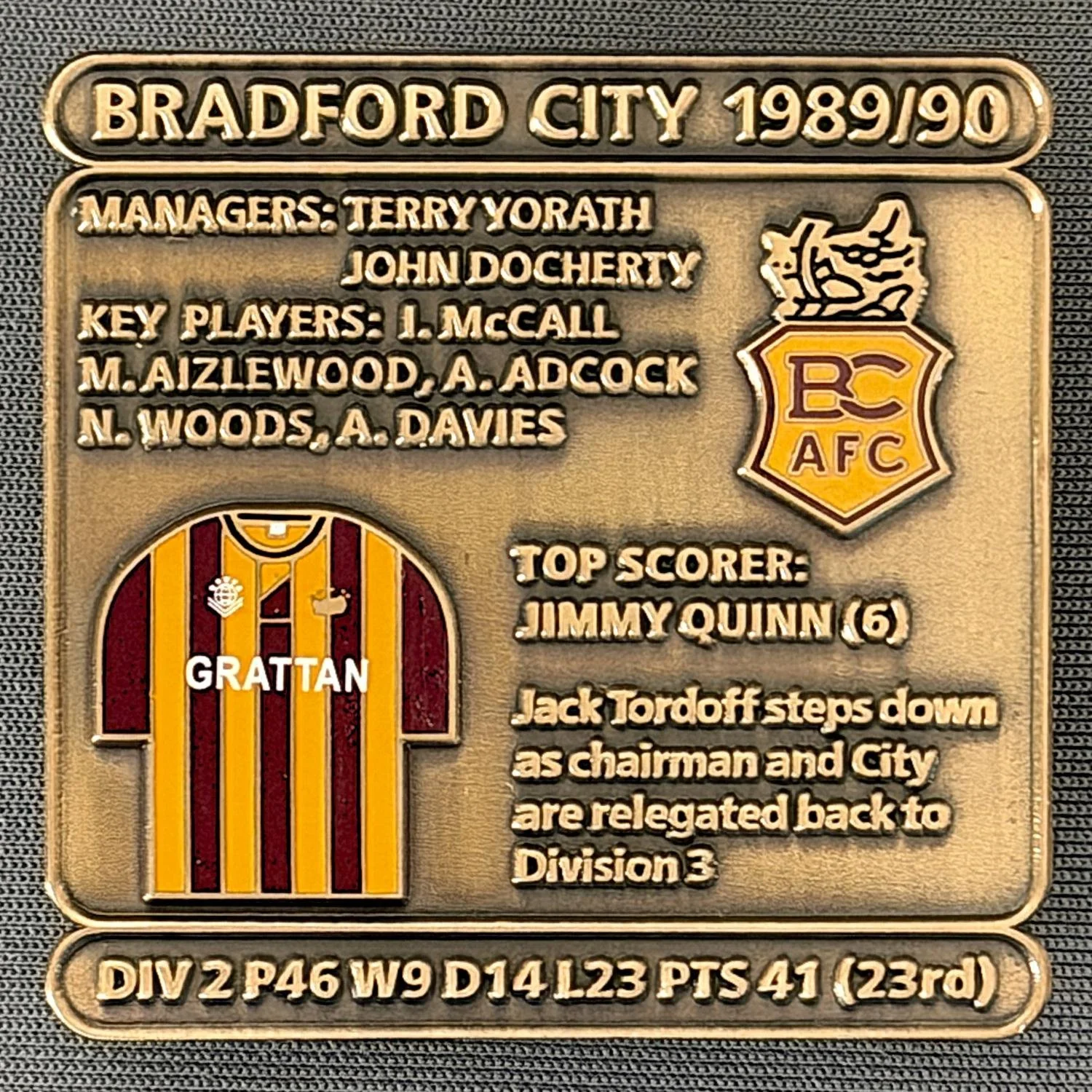 Reference Number: BCDEC166
Size: H 41.1 mm x W 42 mm
Pin Type: Double Metal Clutch
Plating: Antique Gold
Value: £8
Manufacturer: Historic Sports Badges Ltd
Comments: 1989/90 Season